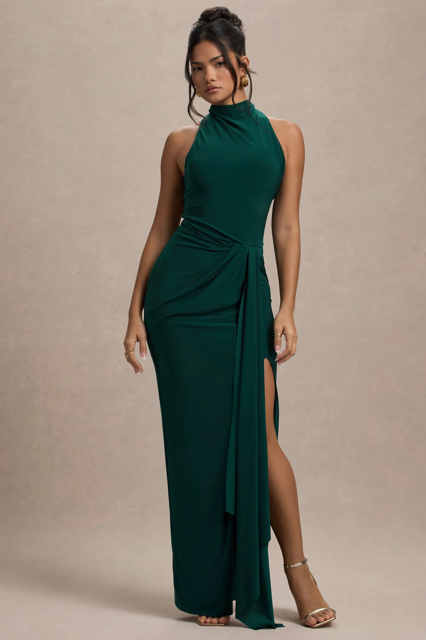 Khari Bottle Green High-Neck Twisted Maxi Dress With Drape