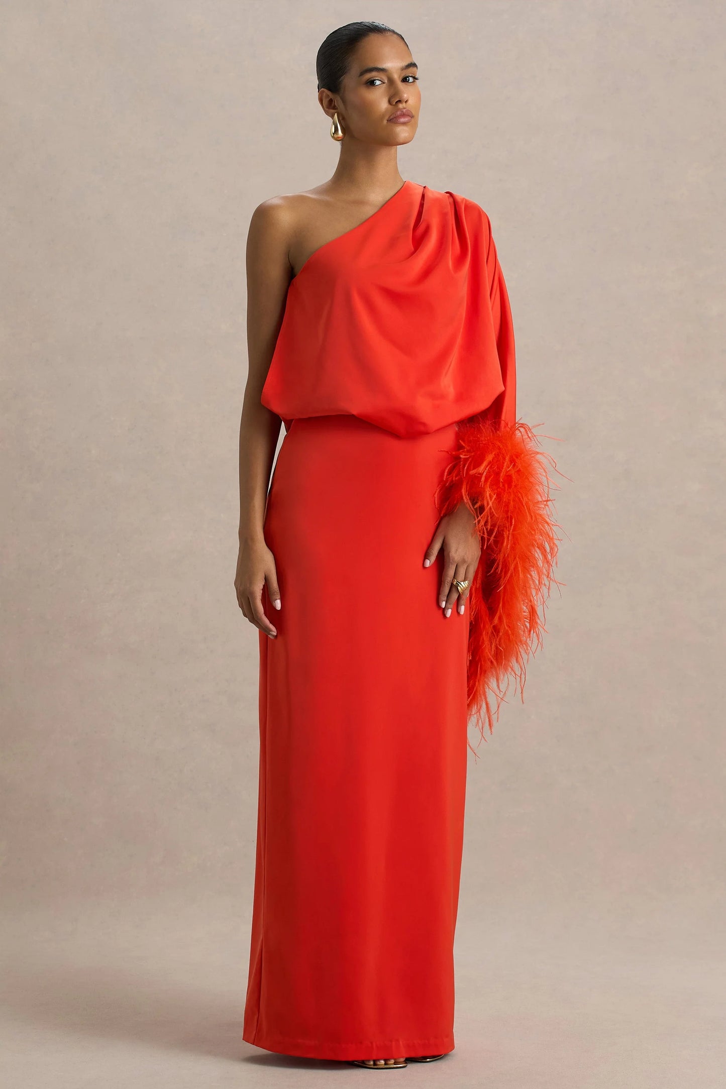 Felicity Orange Satin Asymmetric-Neck Maxi Dress With Feather Detailing