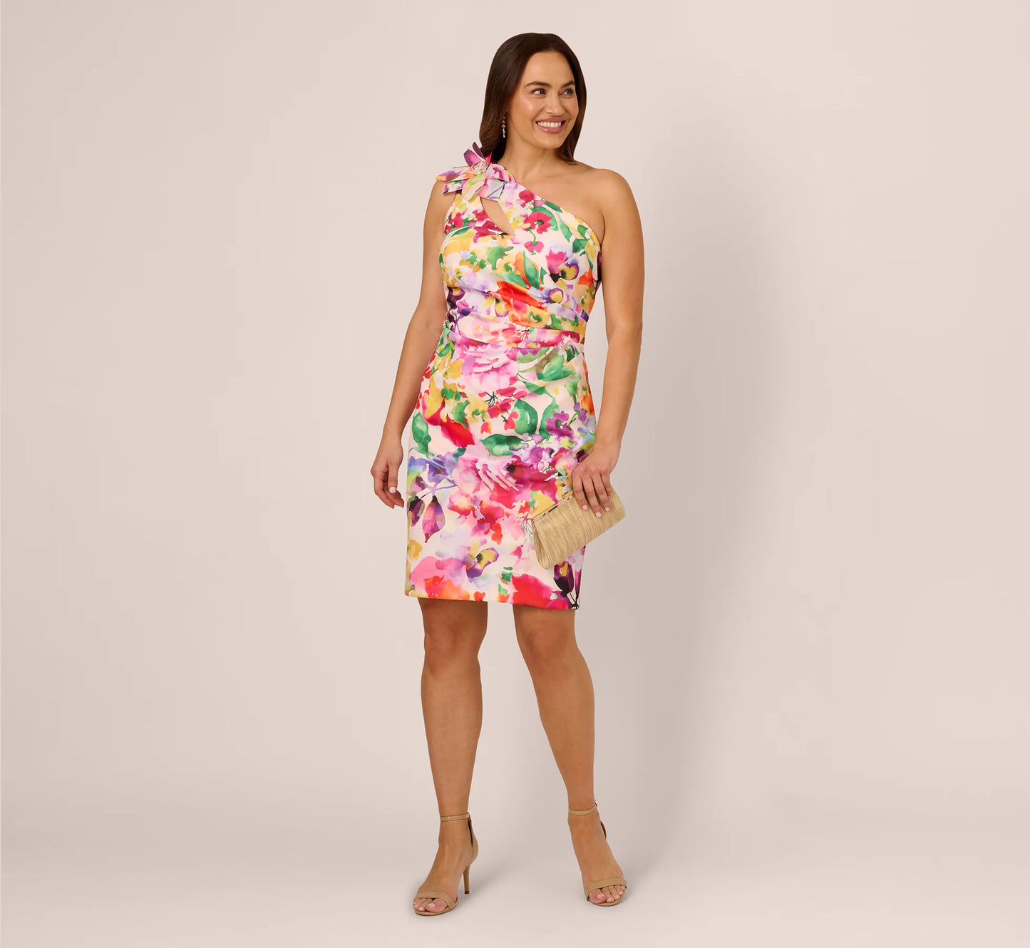 Plus Size One Shoulder Rosette Floral Sheath Dress In Pink Multi