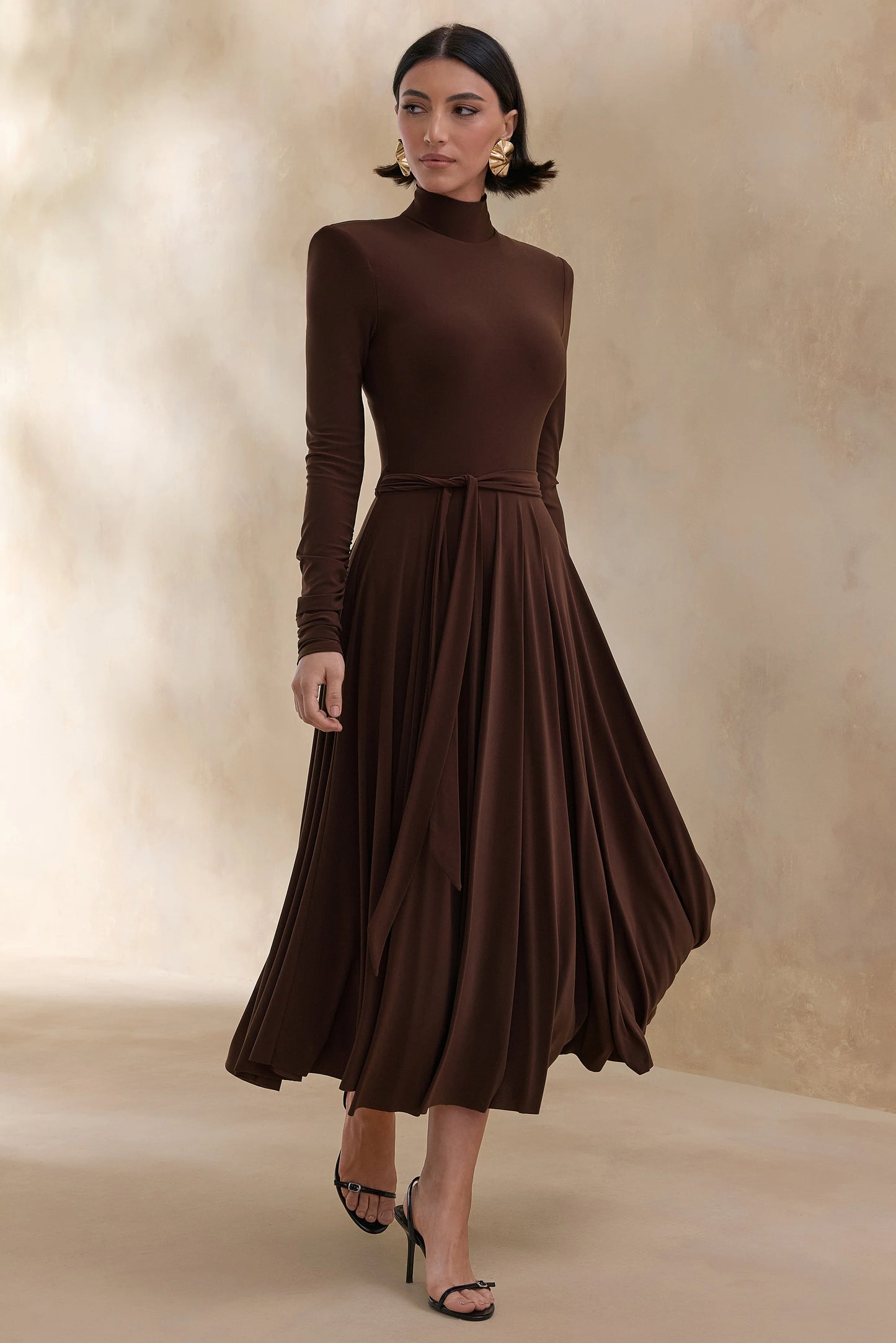 Opalia Brown High-Neck Belted Midi Dress