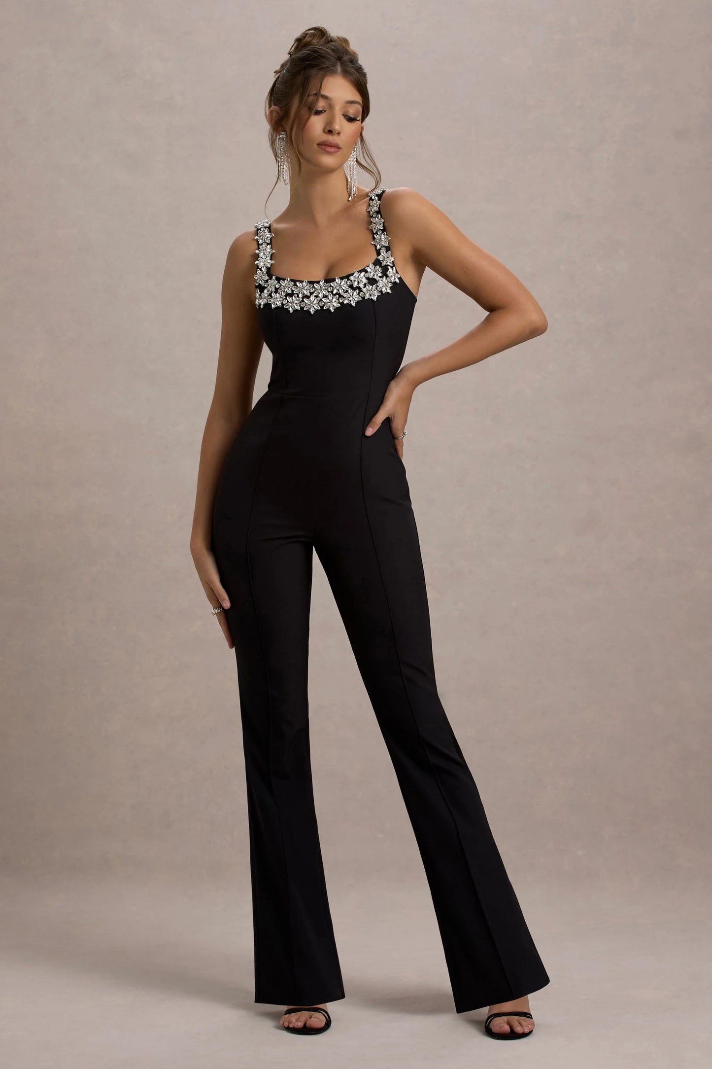 Amadi Black Embellished Strappy Flared-Leg Jumpsuit