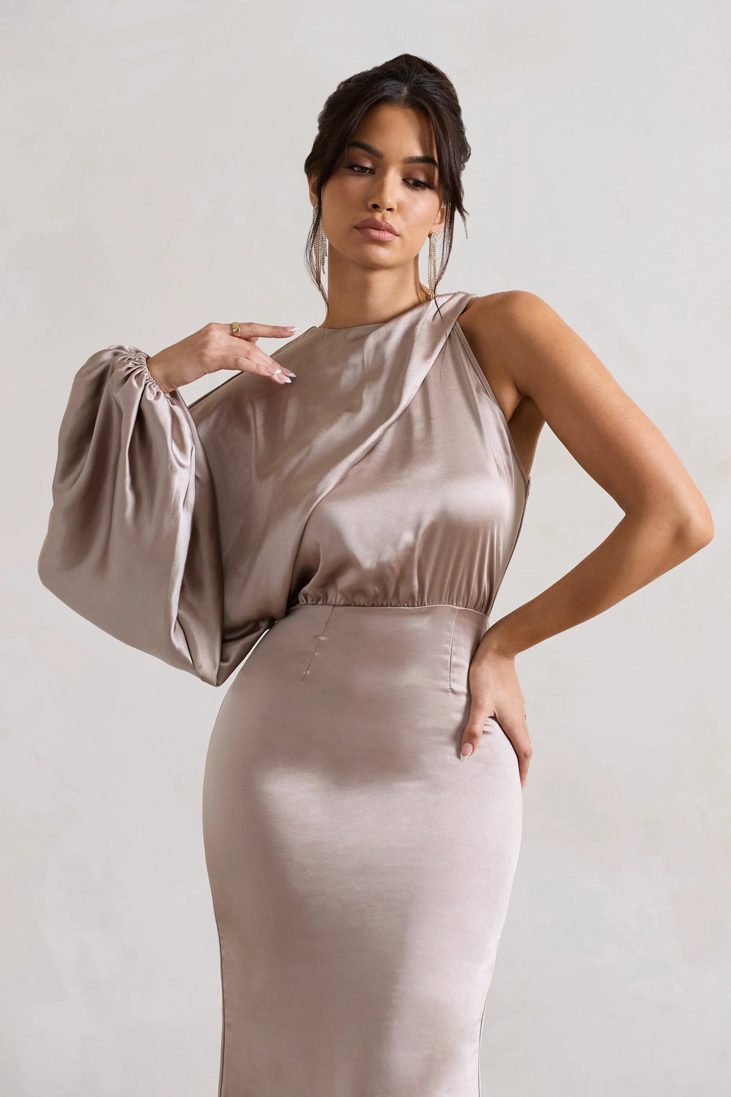 Nola Taupe Satin One-Sleeve Midi Dress
