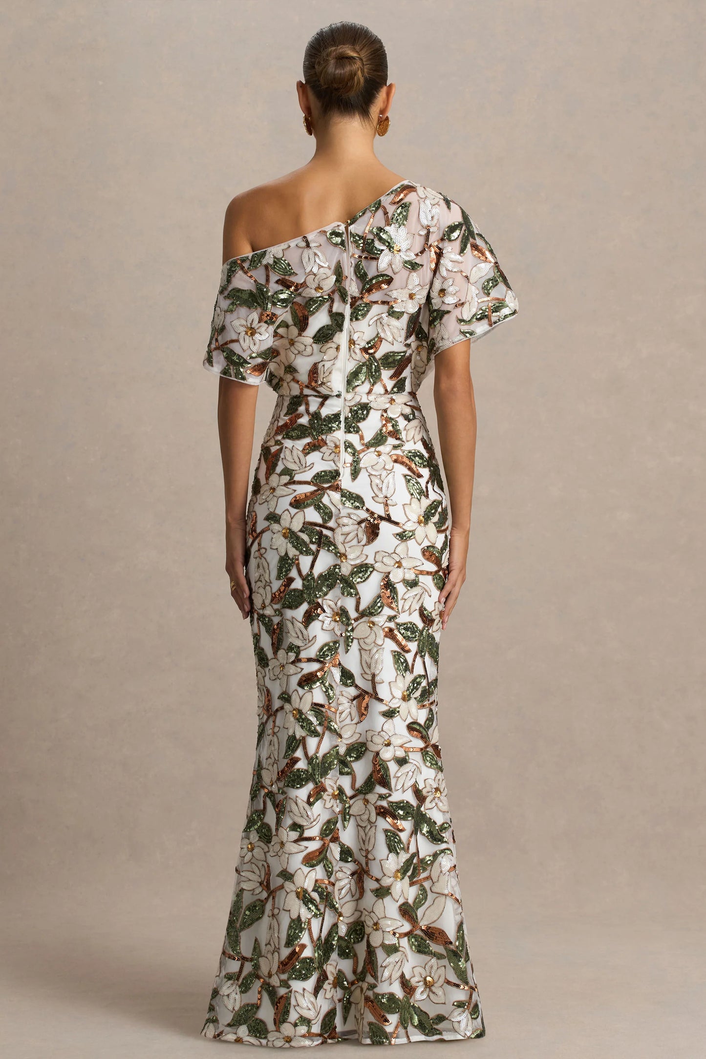 Iony White And Green Embellished Sequin Floral And Mesh Asymmetric-Neck Maxi Dress