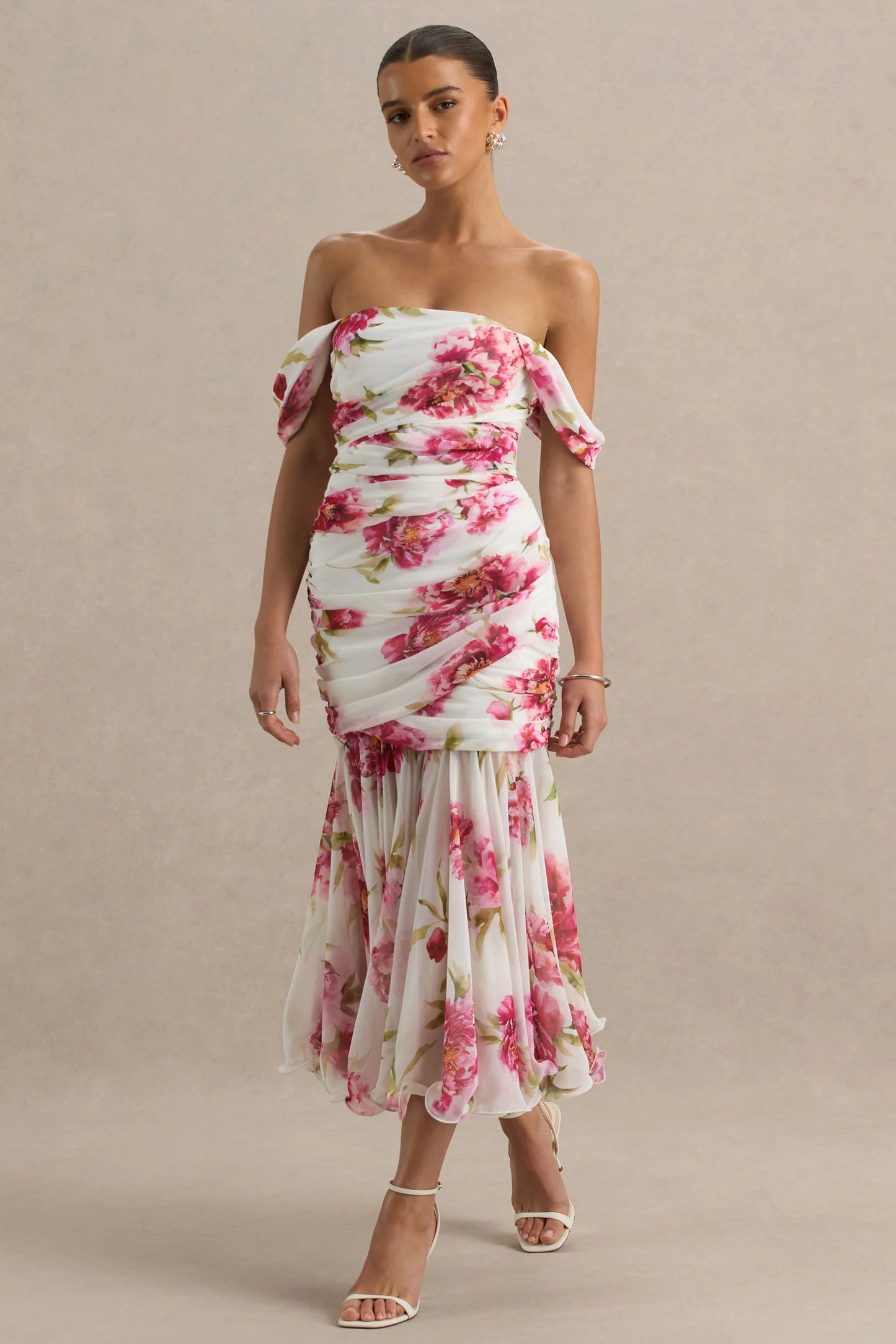 Madelyn Cream Floral Print Short-Sleeve Bardot Wrap Maxi Dress With Ruching