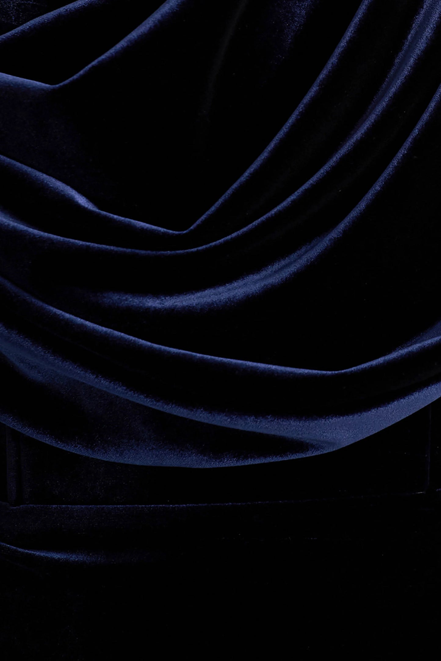 High End Navy Velvet Asymmetric-Neck Midi Dress With Draped Detailing