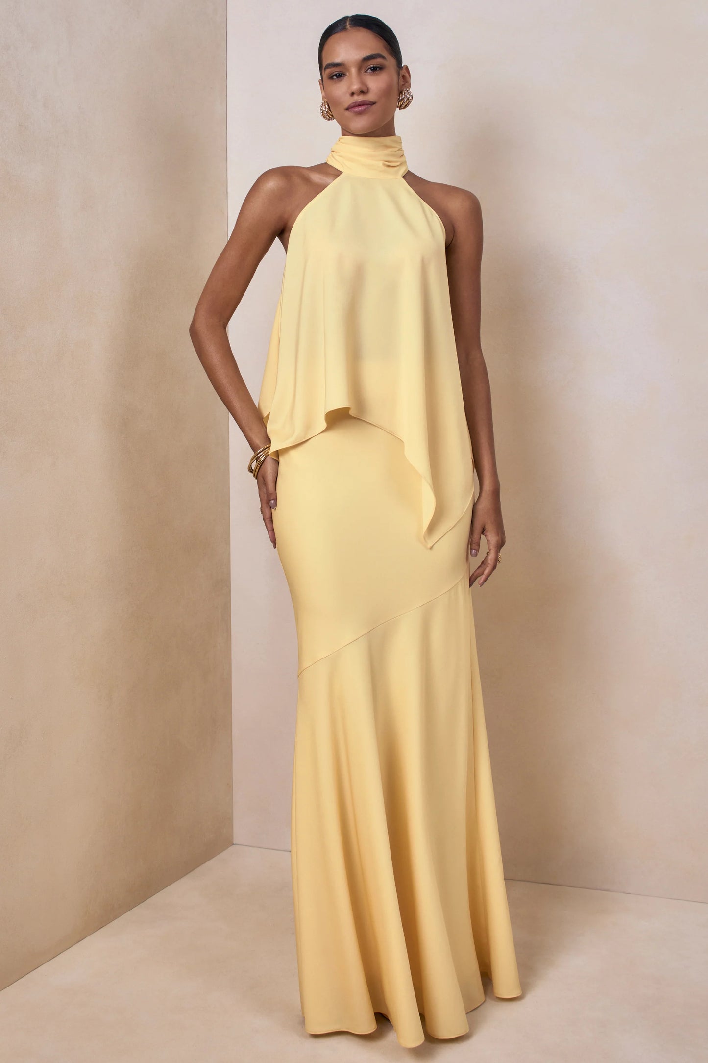 Vayla Lemon Matte Satin Asymmetric Drop-Waist Maxi Skirt