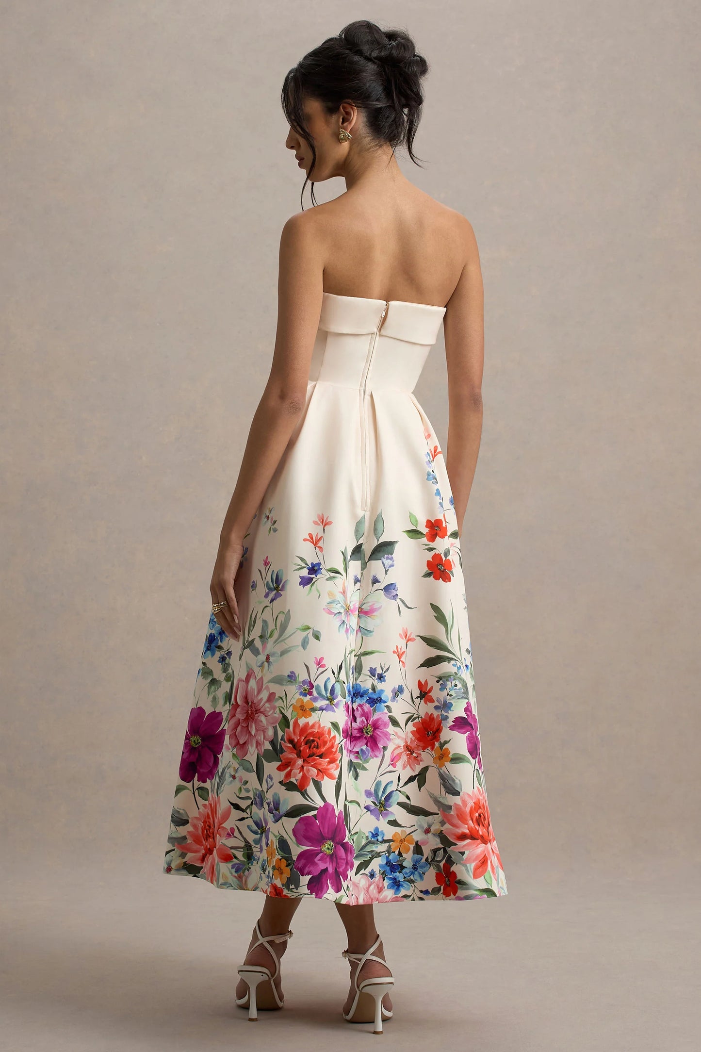 Annalise Light Pink Floral Print Bandeau Skater Midi Dress
