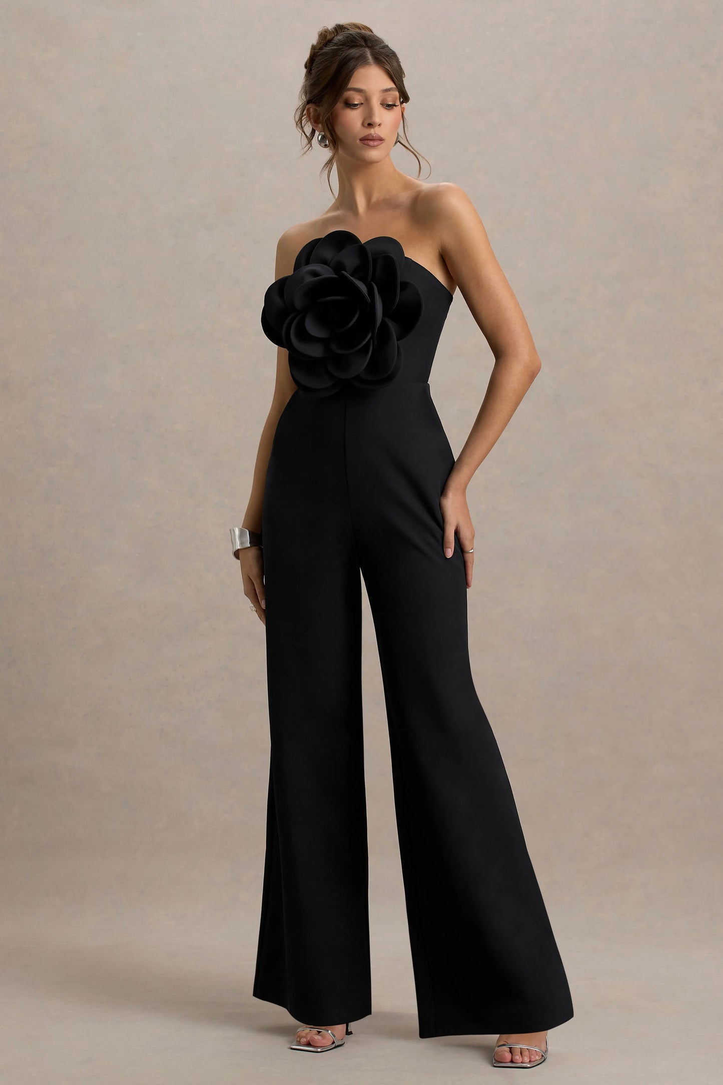 Opia Black Bandeau Wide-Leg Jumpsuit With Large Floral Corsage