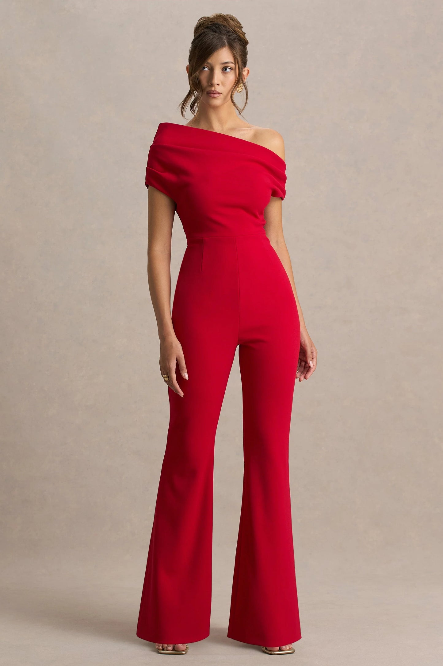 Alexandra Red Asymmetric-Neck Draped Jumpsuit