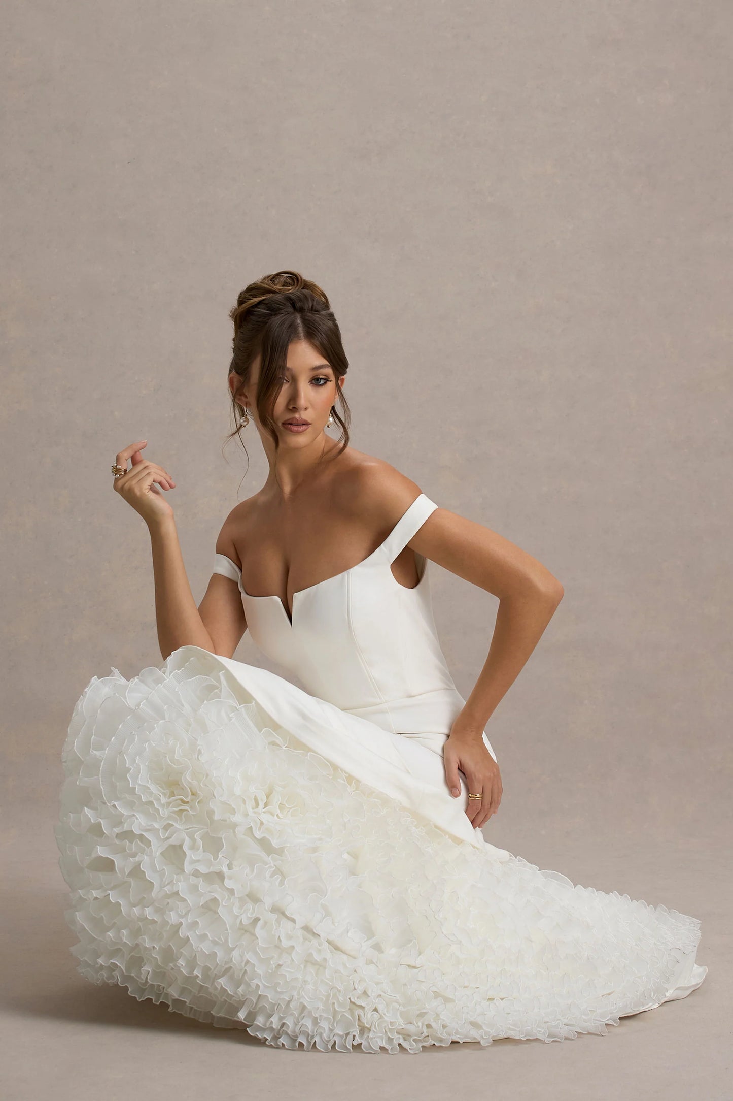 The Greatest White & Cream Bardot Maxi Dress With Tulle Skirt