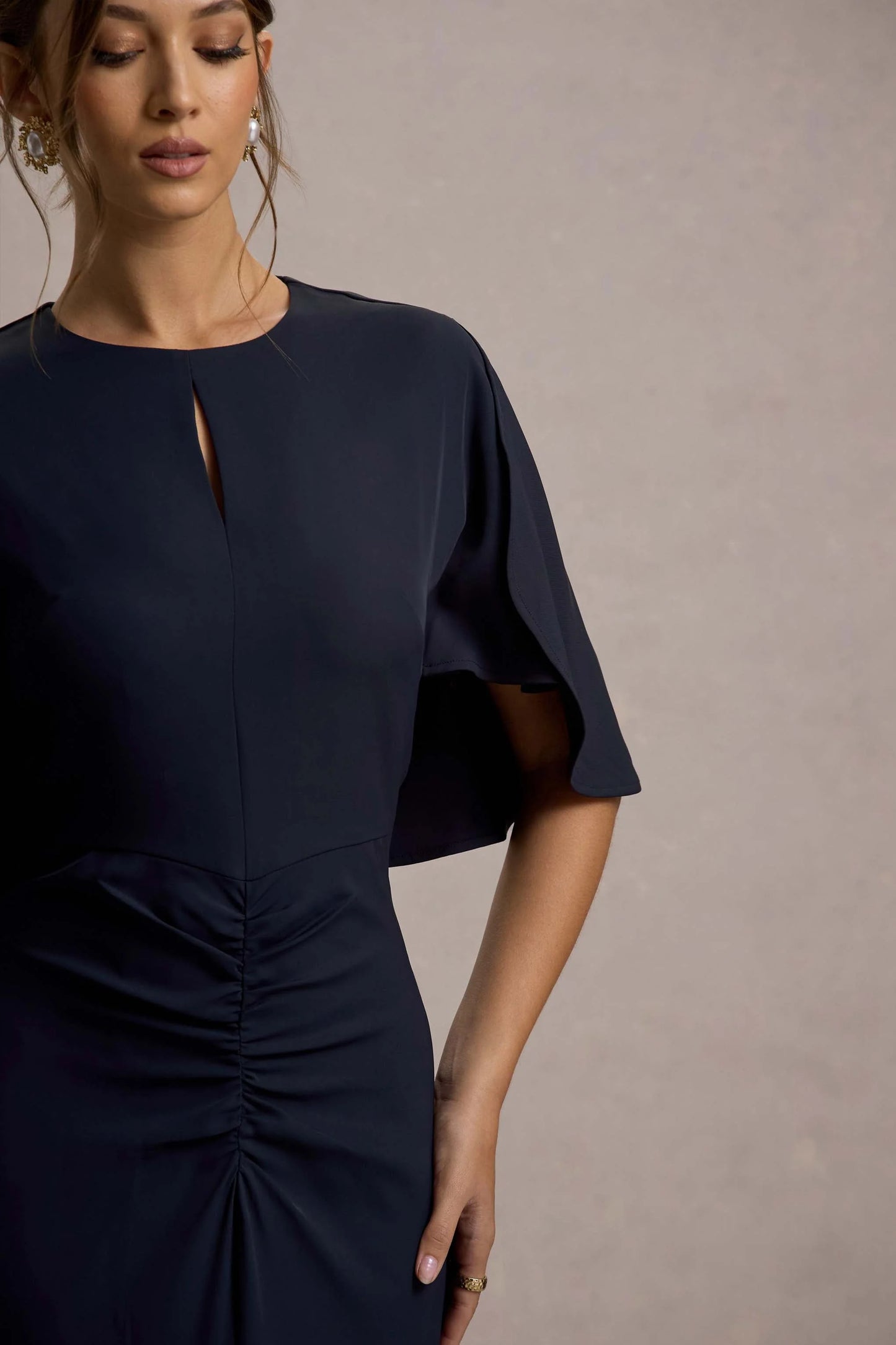 Allison Navy High-Neck Maxi Dress With Cape