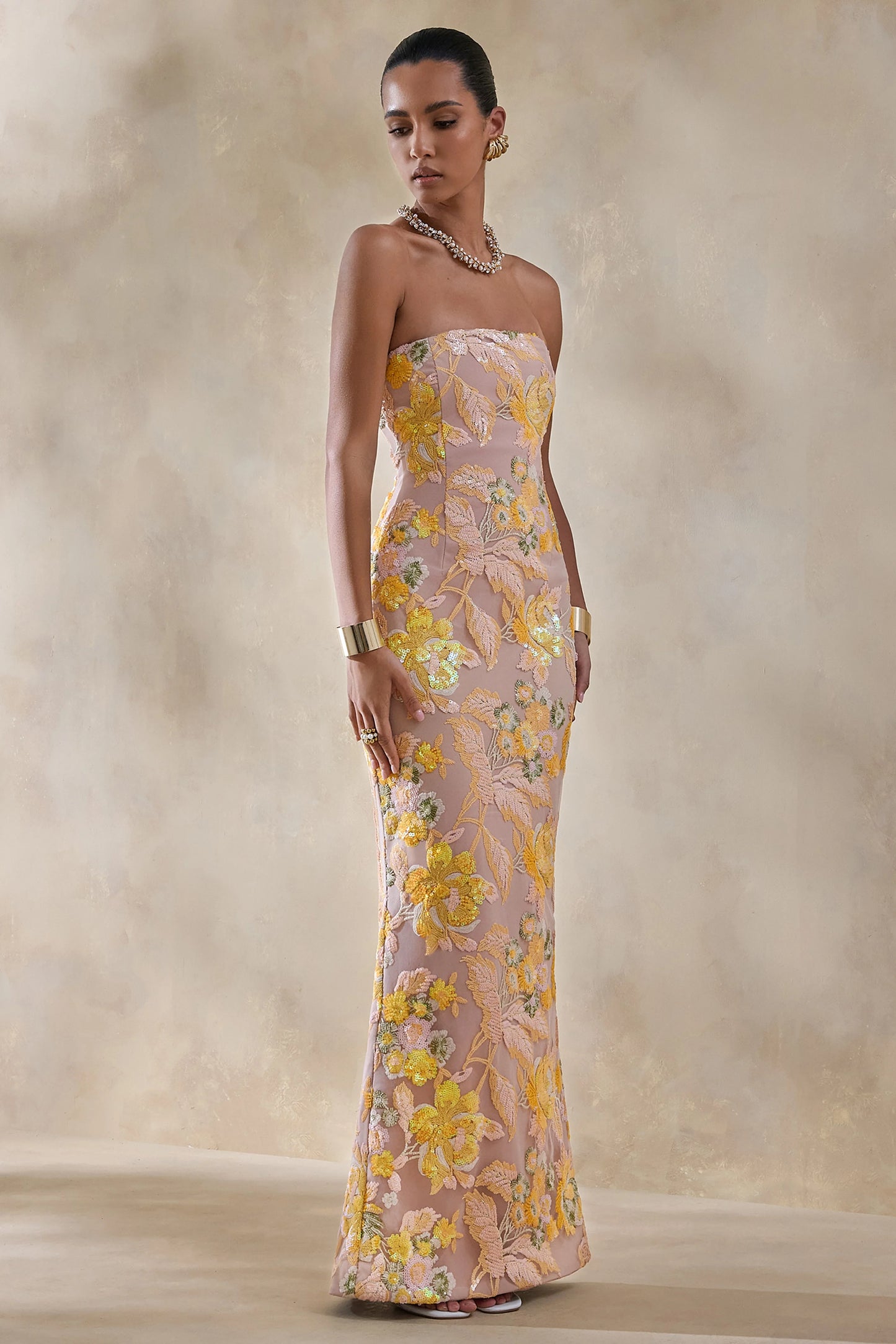 Severn Yellow Embellished Floral Bandeau Maxi Dress