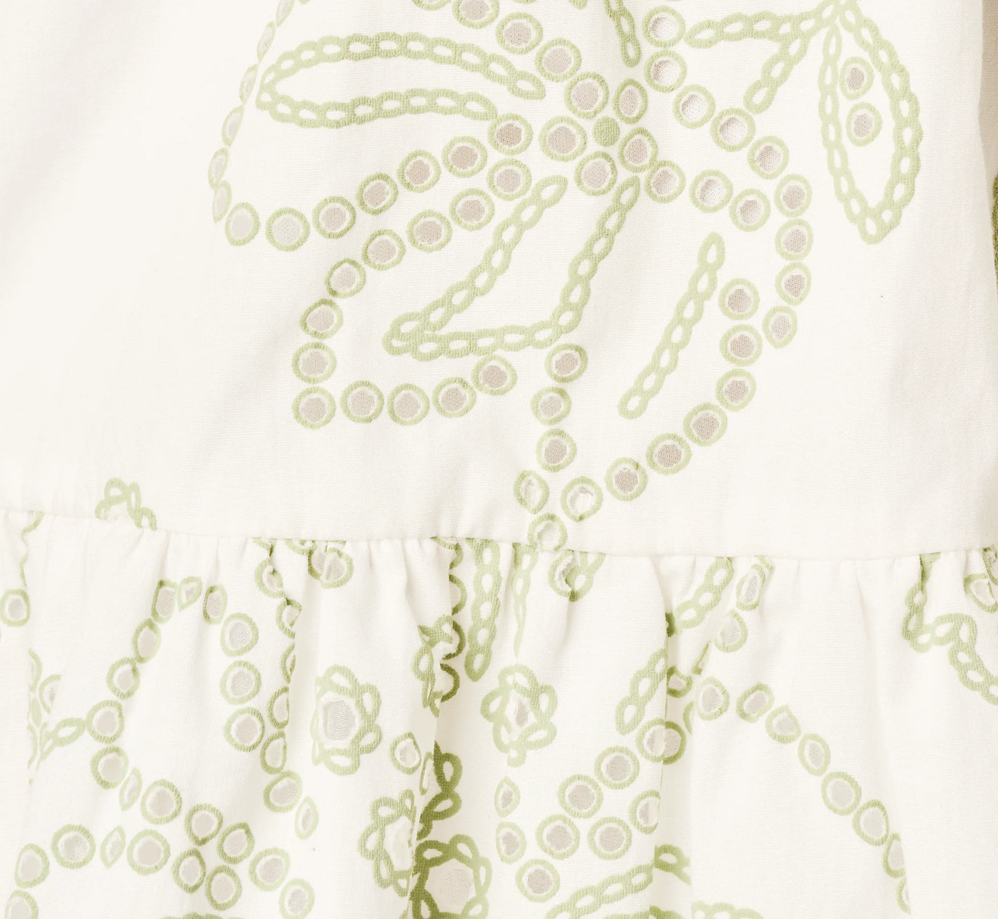 Cotton Floral Eyelet Belted Short Dress In Ivory Sage