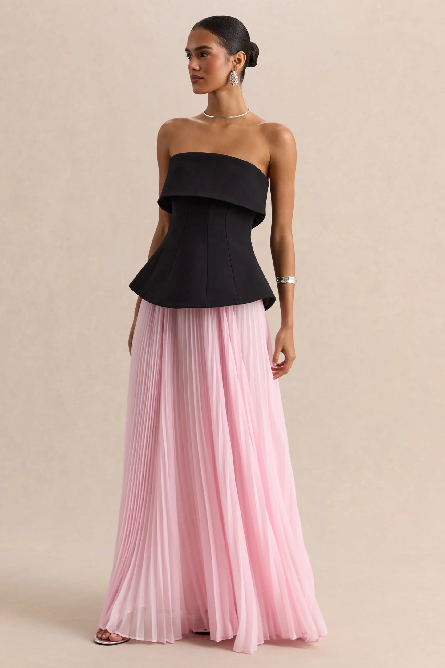 Stellara Black & Pink Bandeau Corset Maxi Dress With Sheer Skirt