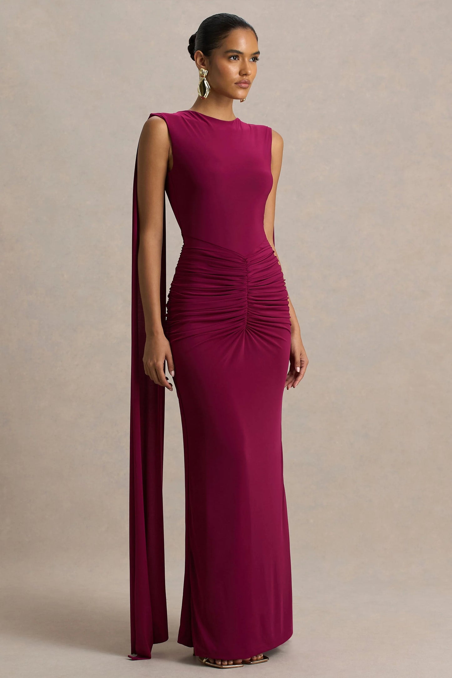 Premiere Burgundy Boat-Neck Maxi Dress With Open-Back And Cape-Sleeves