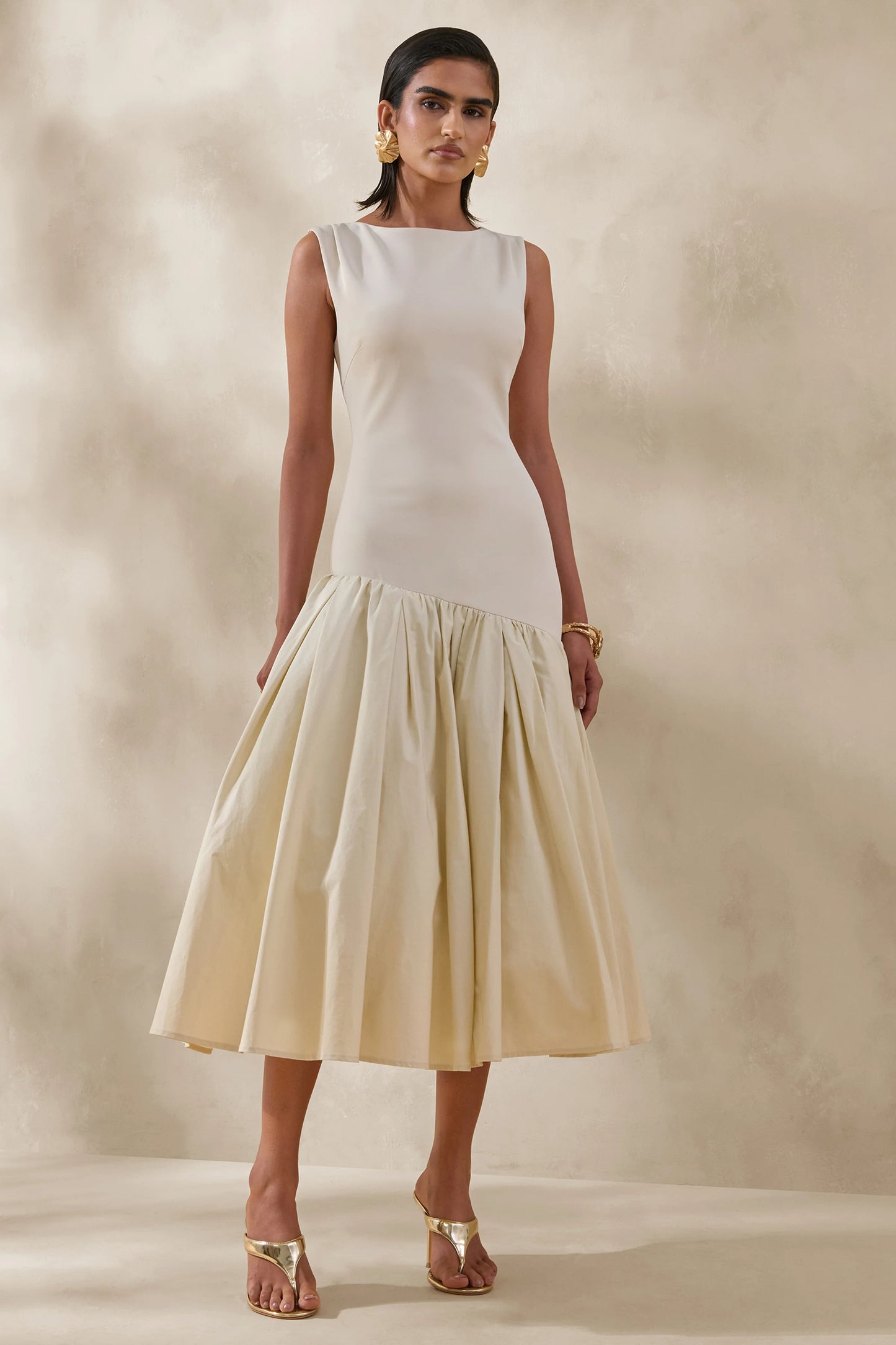 Fantasia Cream Boat-Neck Midi Dress With Asymmetric Drop-Waist