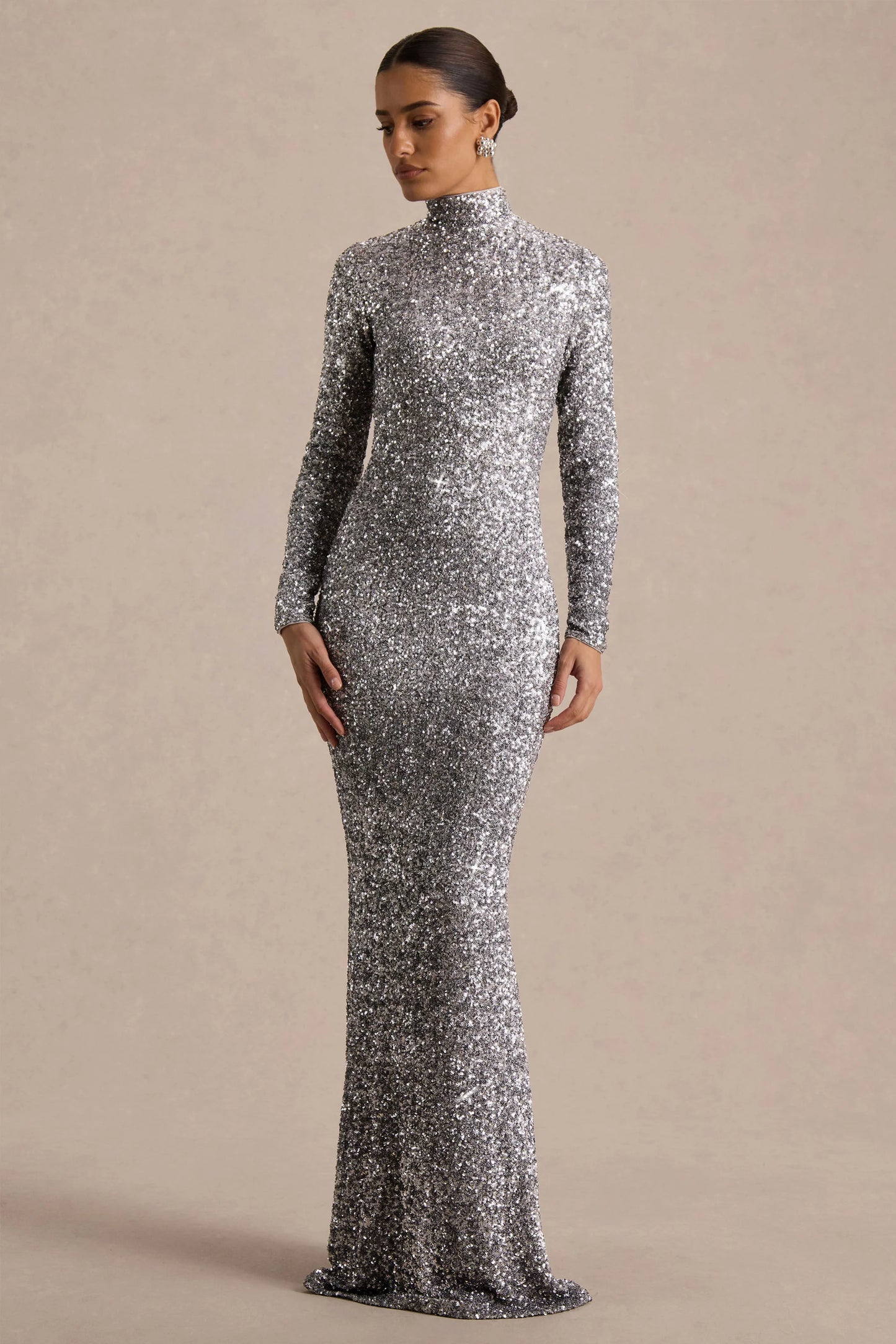 Galaxy Silver Sequin Turtle-Neck Long-Sleeve Maxi Dress