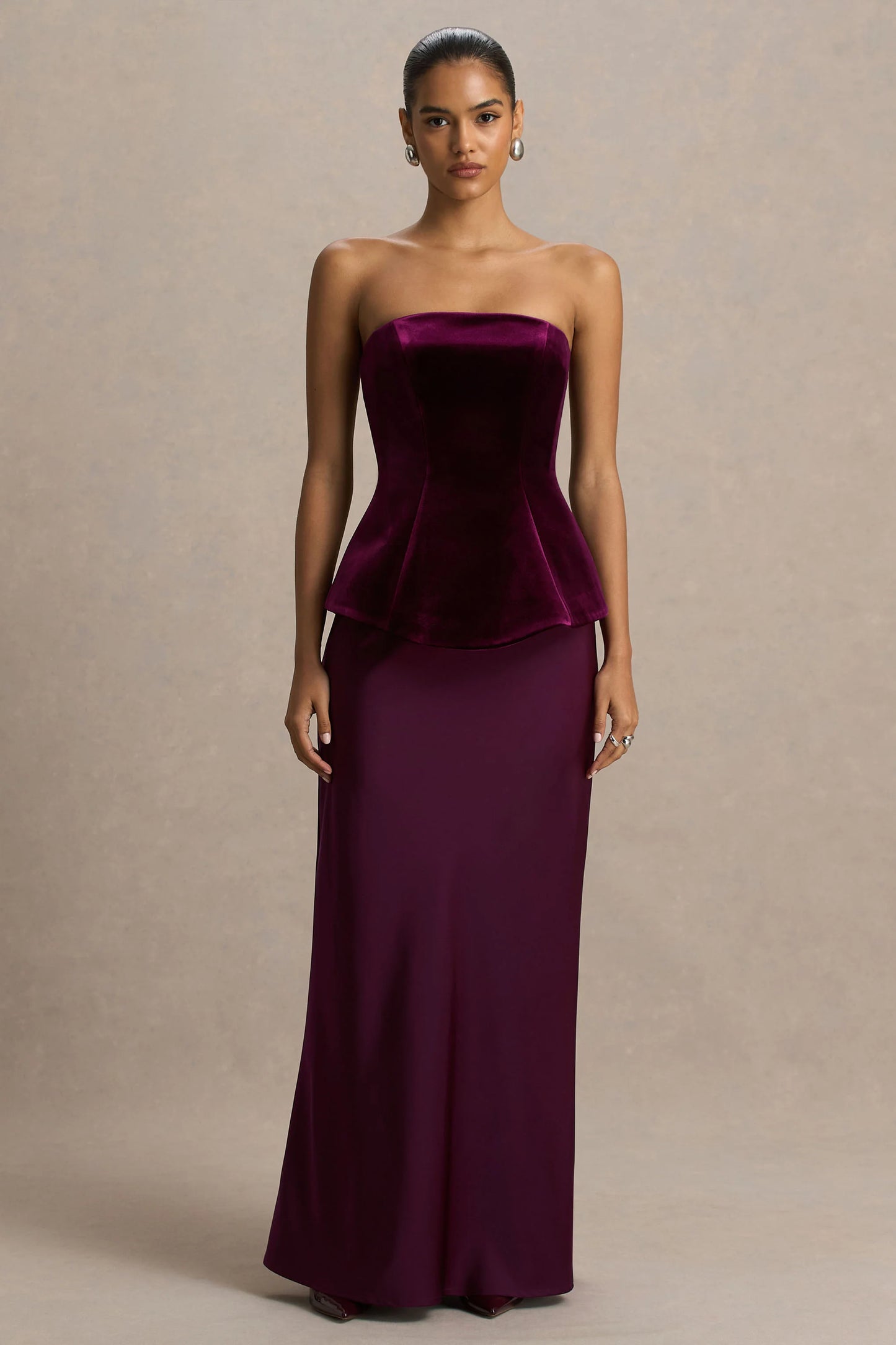 Indulgent Burgundy Velvet And Satin Bandeau Corset Maxi Dress