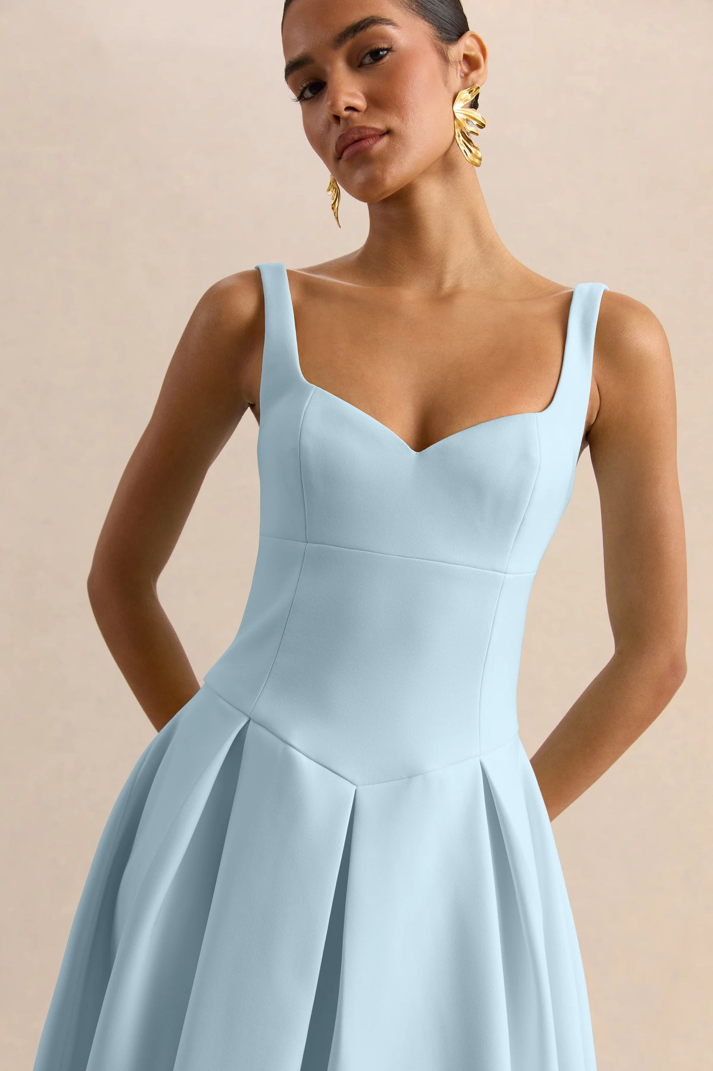 Greta Powder-Blue Sweetheart-Neck Midi Dress