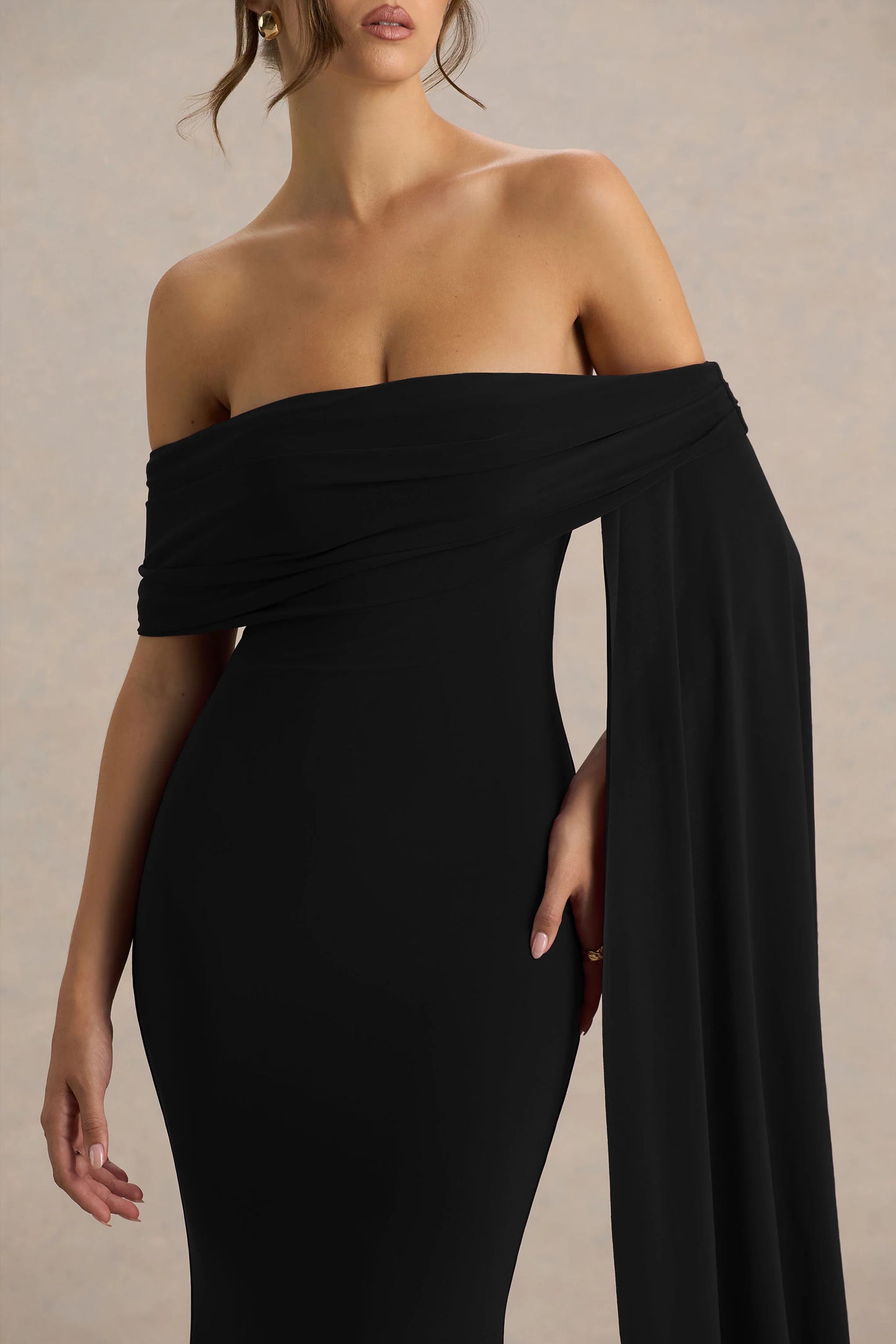 Saffina Black Bardot-Neck Maxi Dress With Sash Detail