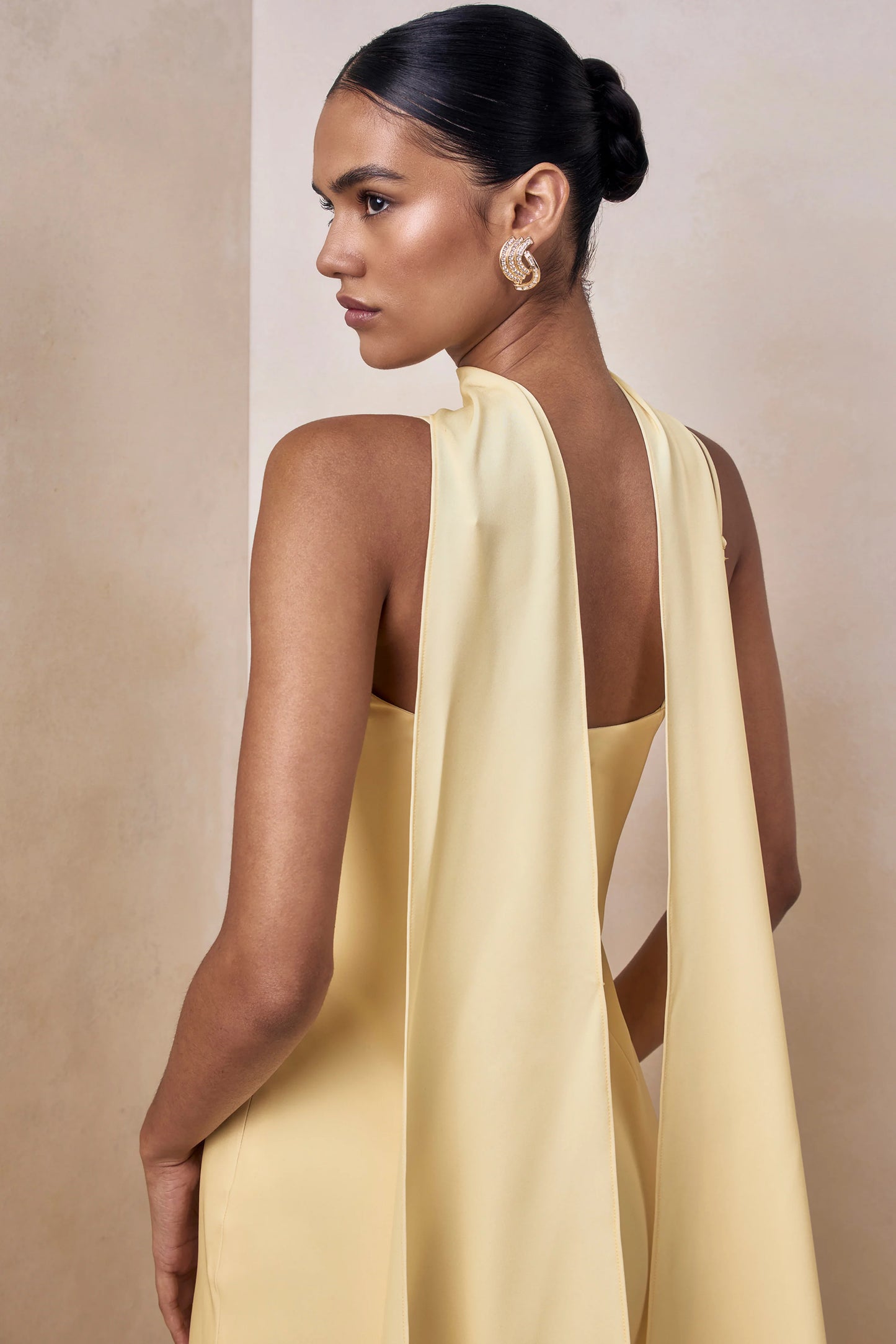 Starling Lemon Matte Satin Plunge-Neck Maxi Dress With Scarf-Detail