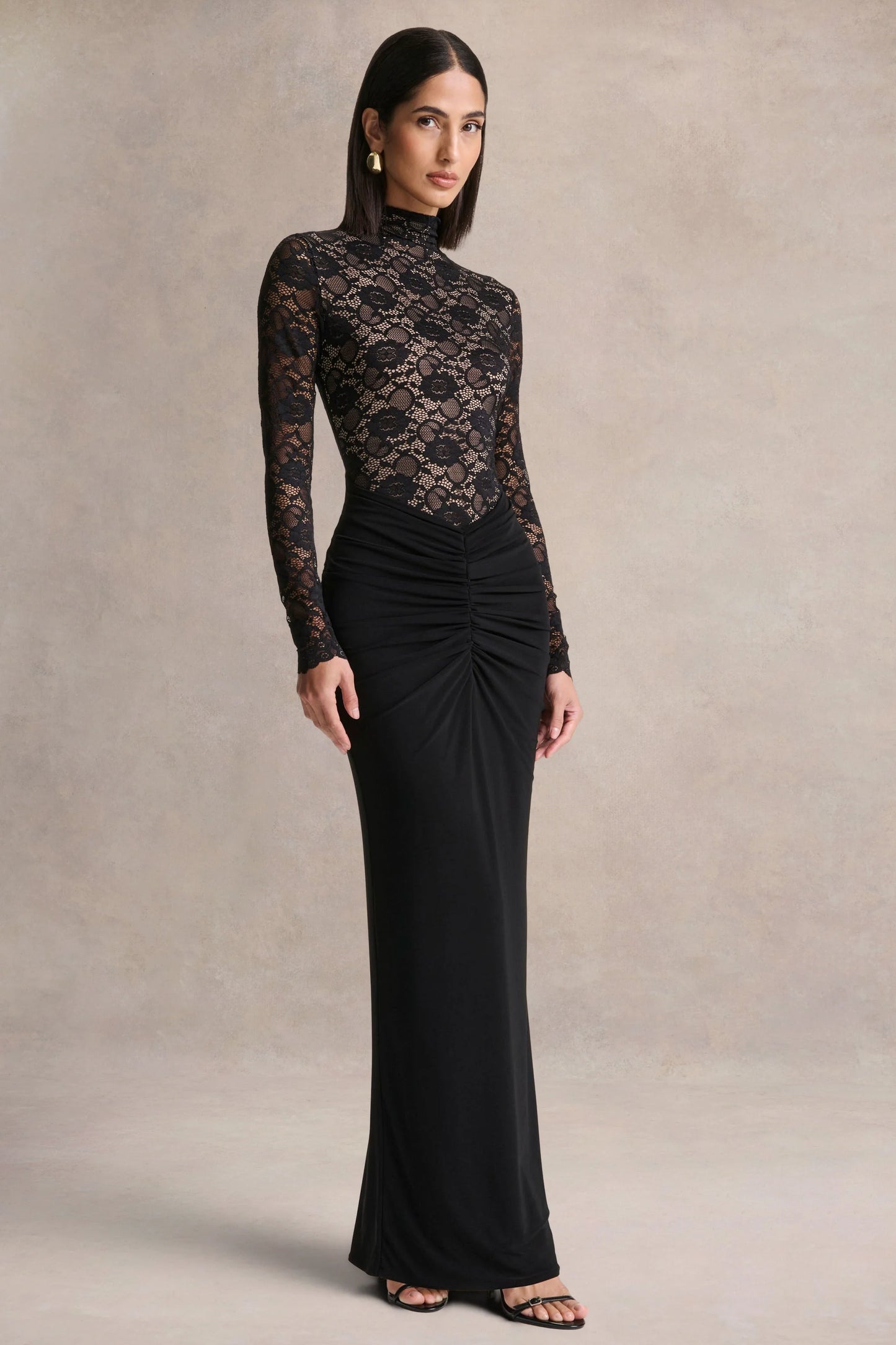 Justina Black High-Neck Maxi Dress With Gathered-Detailing