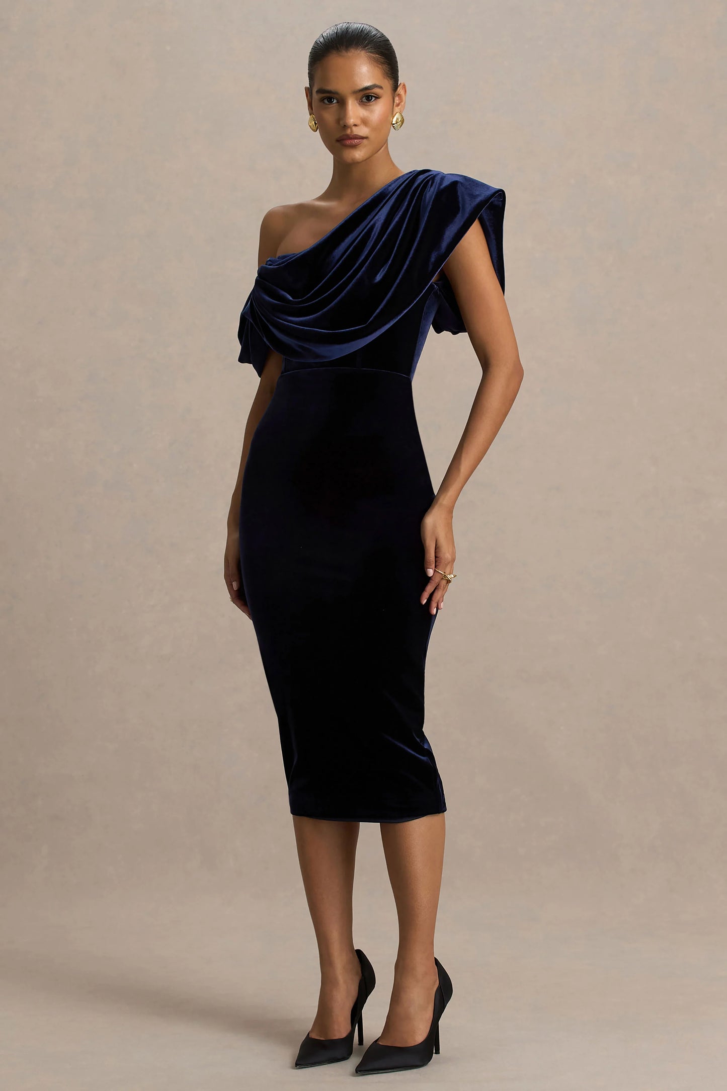 High End Navy Velvet Asymmetric-Neck Midi Dress With Draped Detailing