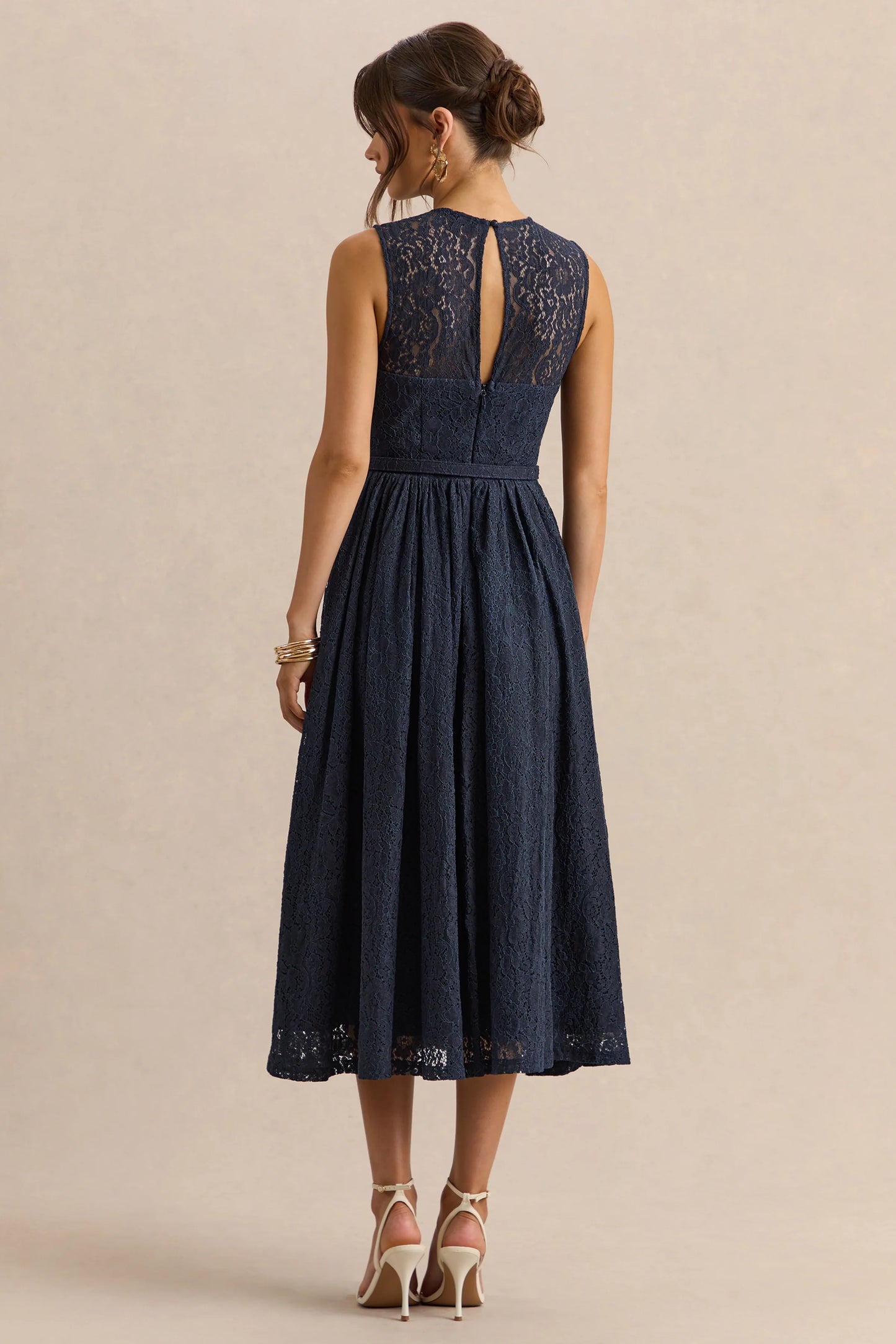 Anabella Navy Lace Crew-Neck Belted Midi-Dress