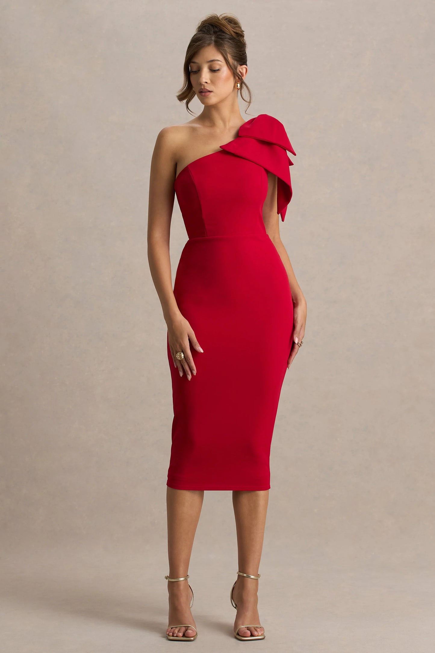 Ambretta Red One-Shoulder Midi Dress With Bow