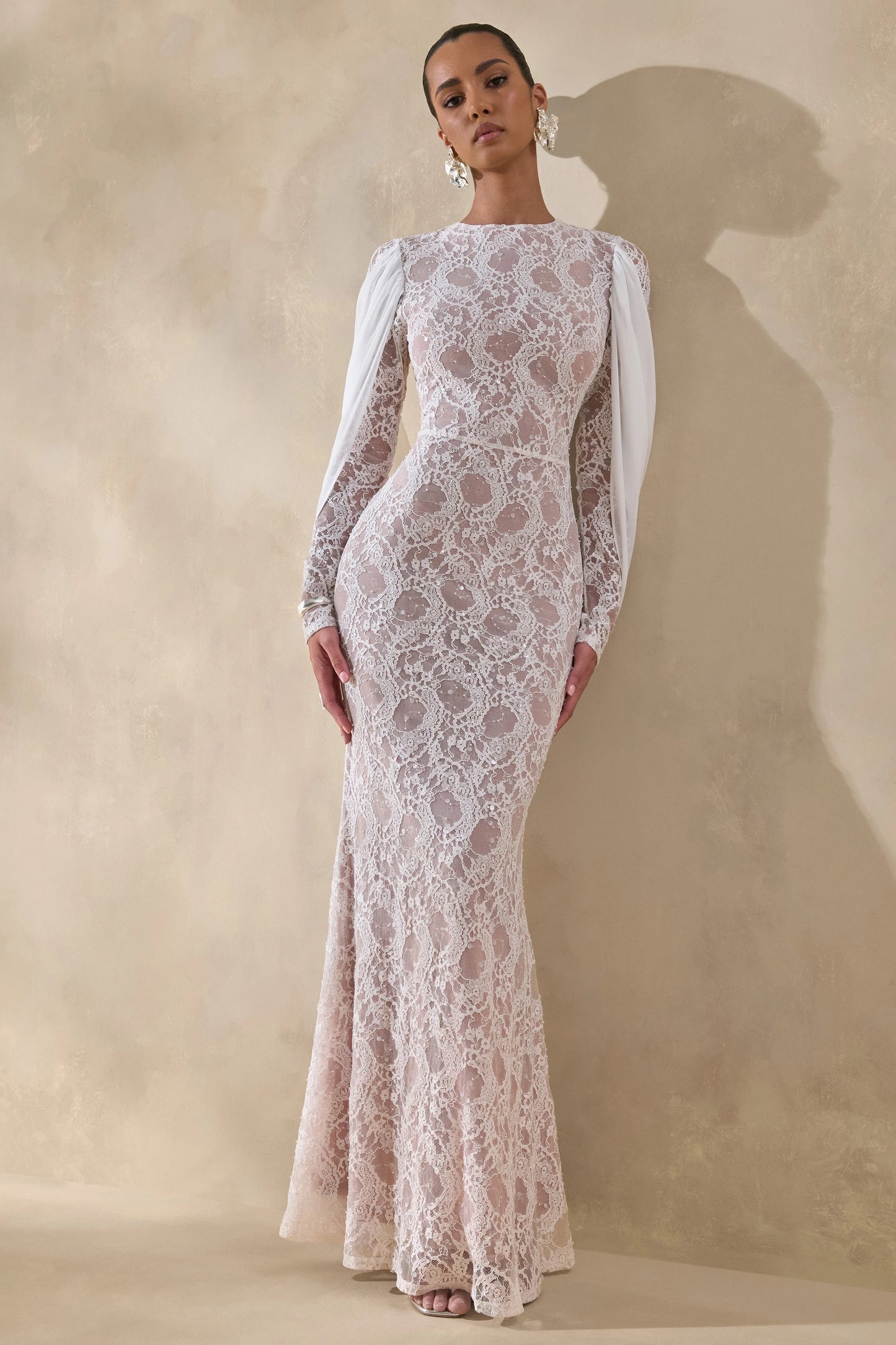 Nabina White Lace Crew-Neck Maxi Dress With Draped Back-Detail