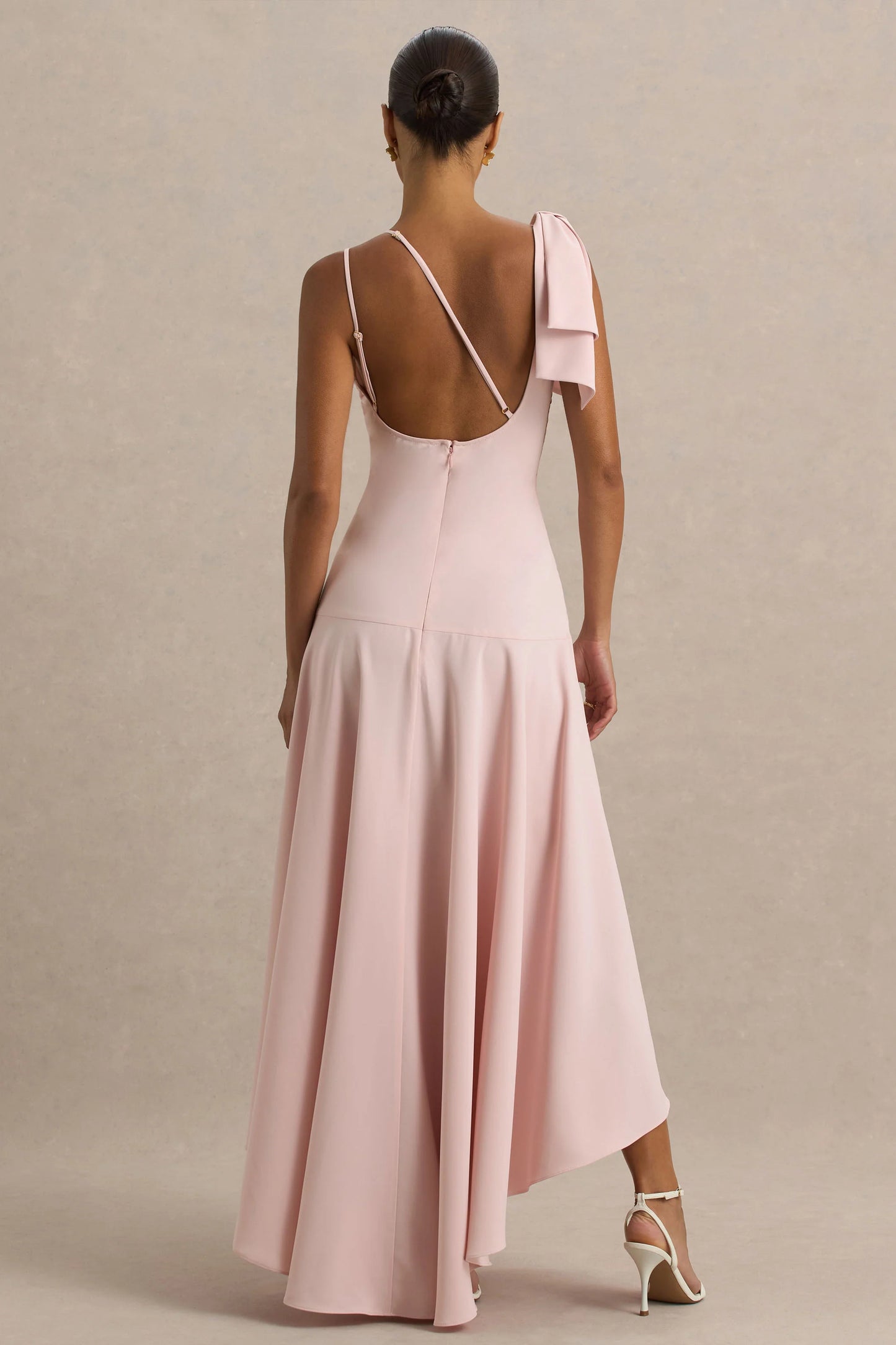 Julieta Baby Pink Asymmetric-Neck Maxi Dress With Bow Detail And Open-Back