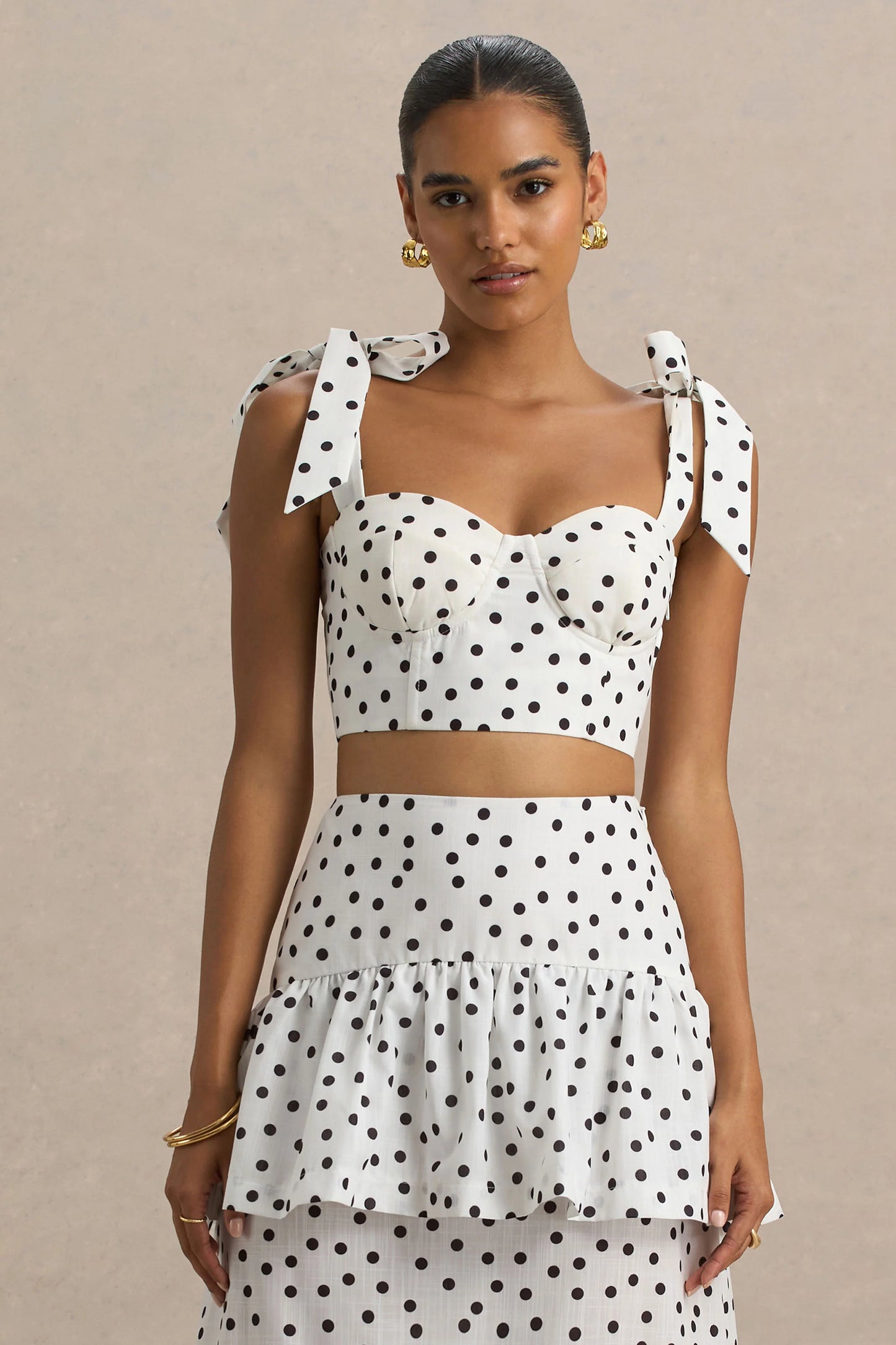 Lumen White Polka Dot Corset Sweetheart Top With Bow Straps