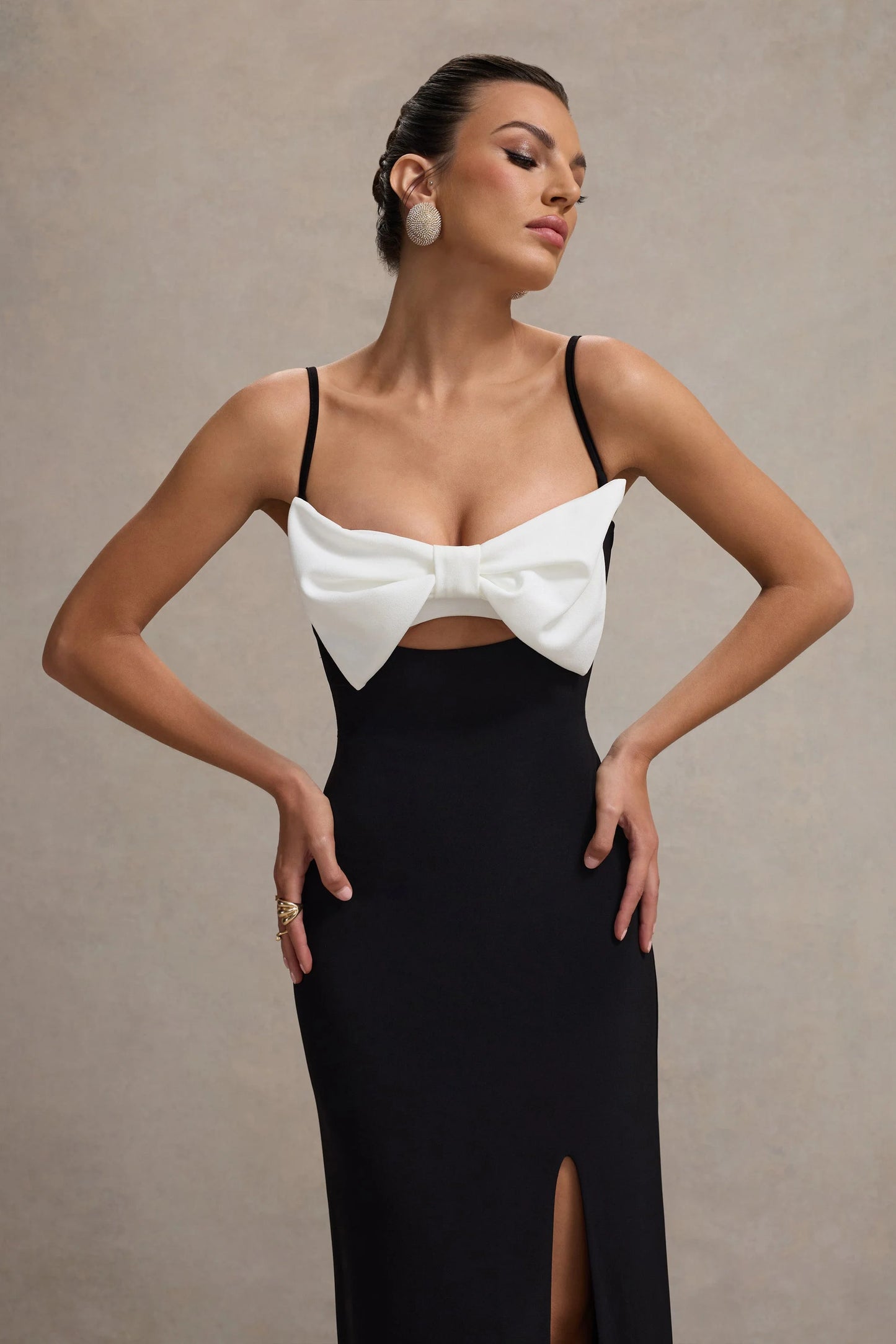 Emmalou Black & White Strappy Split Maxi Dress With Bow