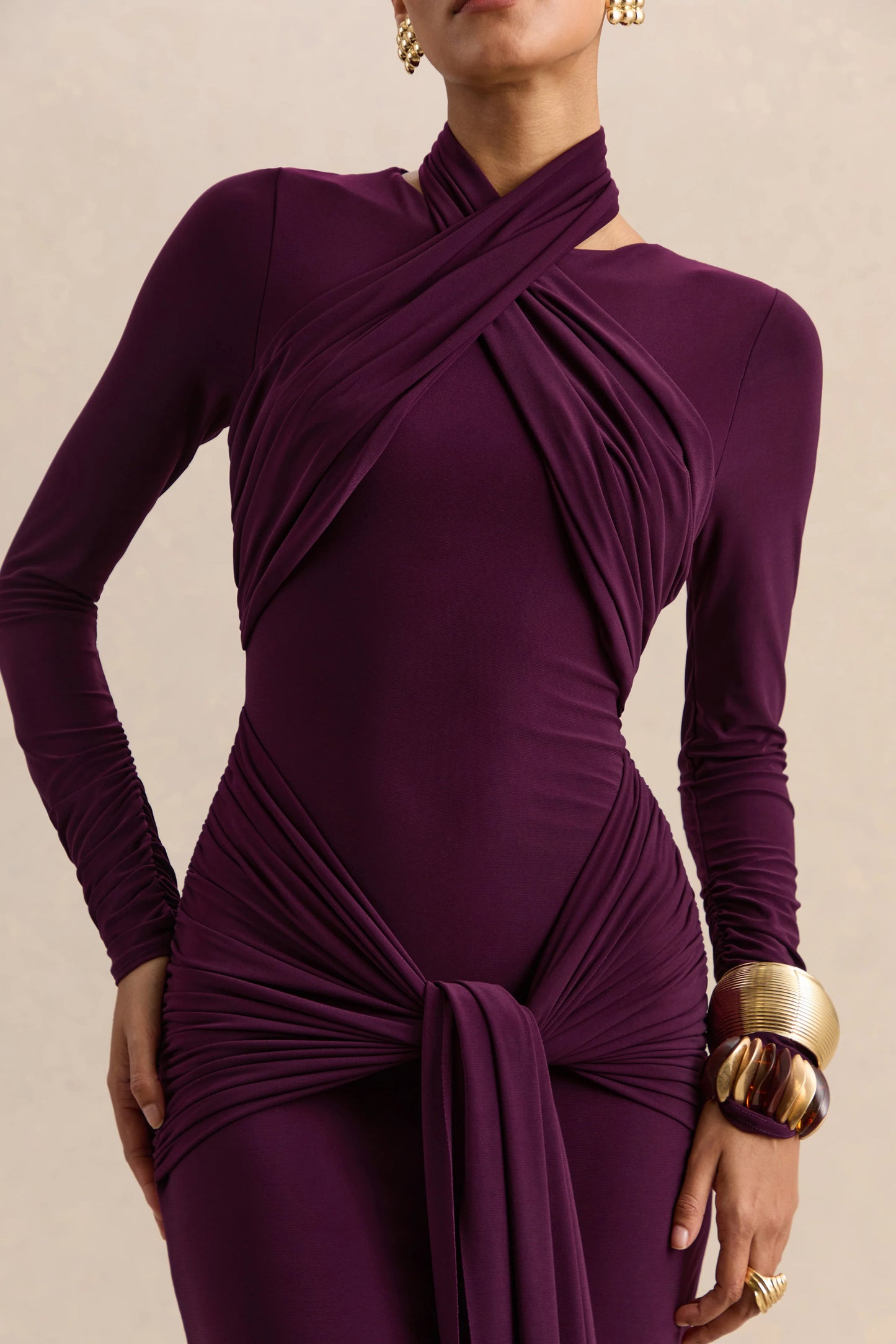 Linessa Dark Plum High-Neck Maxi Dress With Sash And Gathered-Detailing