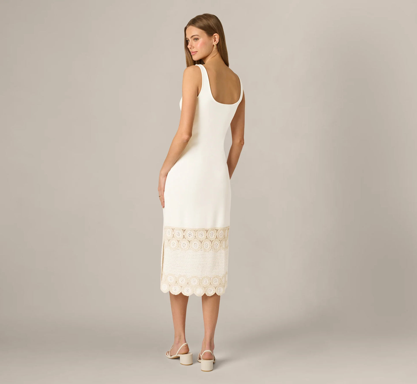 Crochet Trimmed Sheath Midi Dress With Tank Straps In Ivory