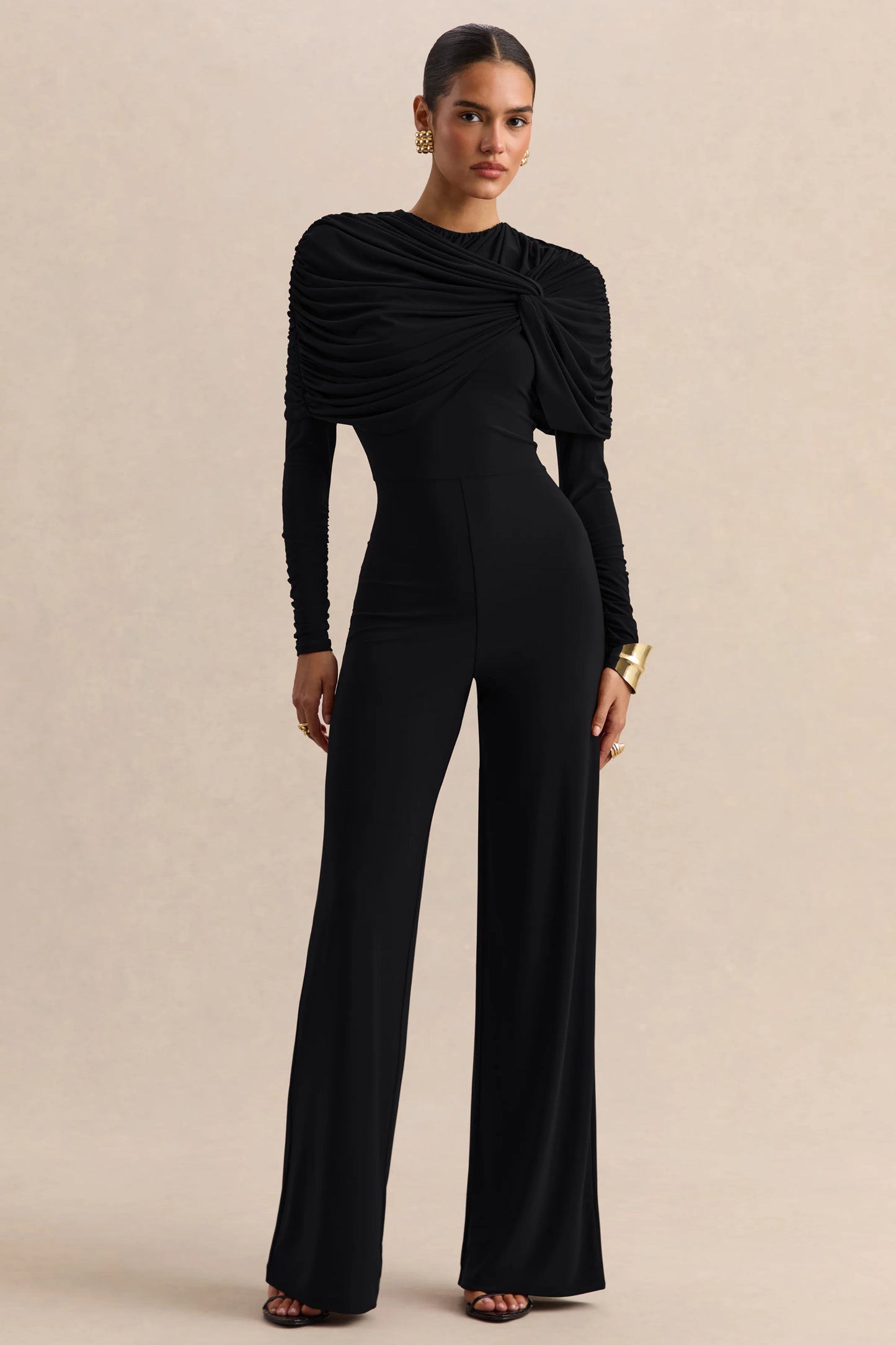 Eloura Black High-Neck Jumpsuit With Twist-Gathered Detail