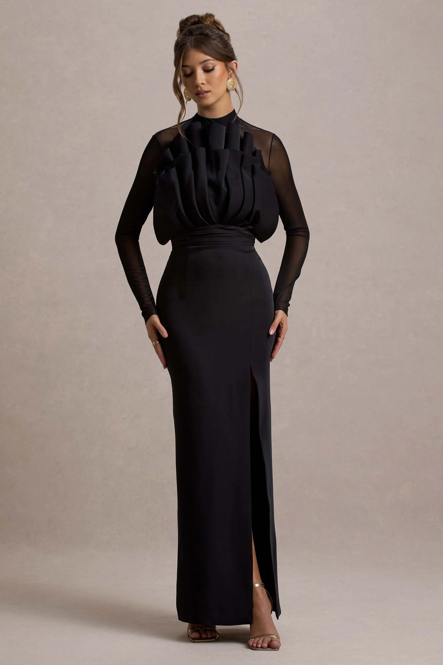 Alder Black Mesh Long-Sleeve Ruffled Split Maxi Dress