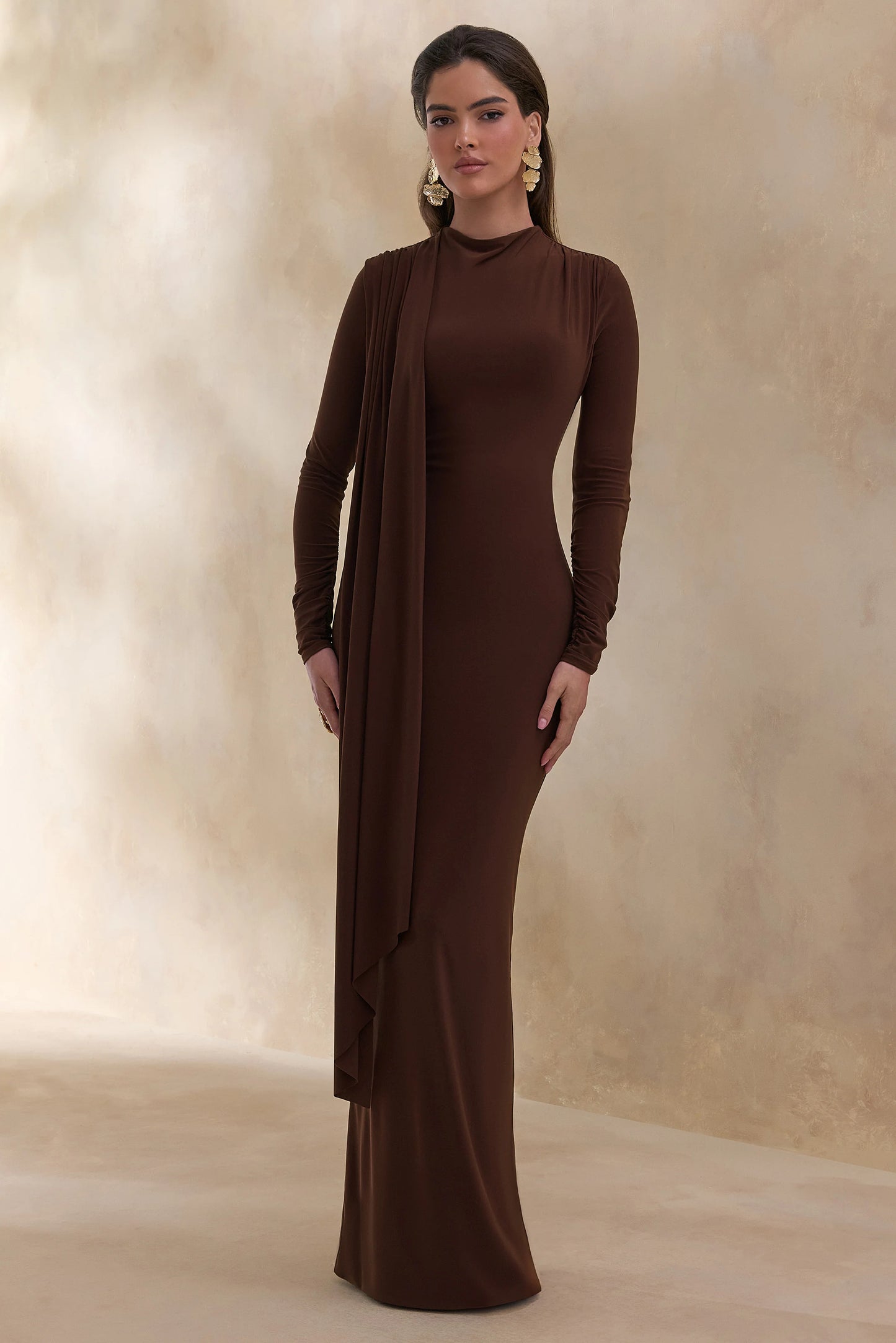 Amaria Brown High-Neck Maxi Dress With Sash-Detail