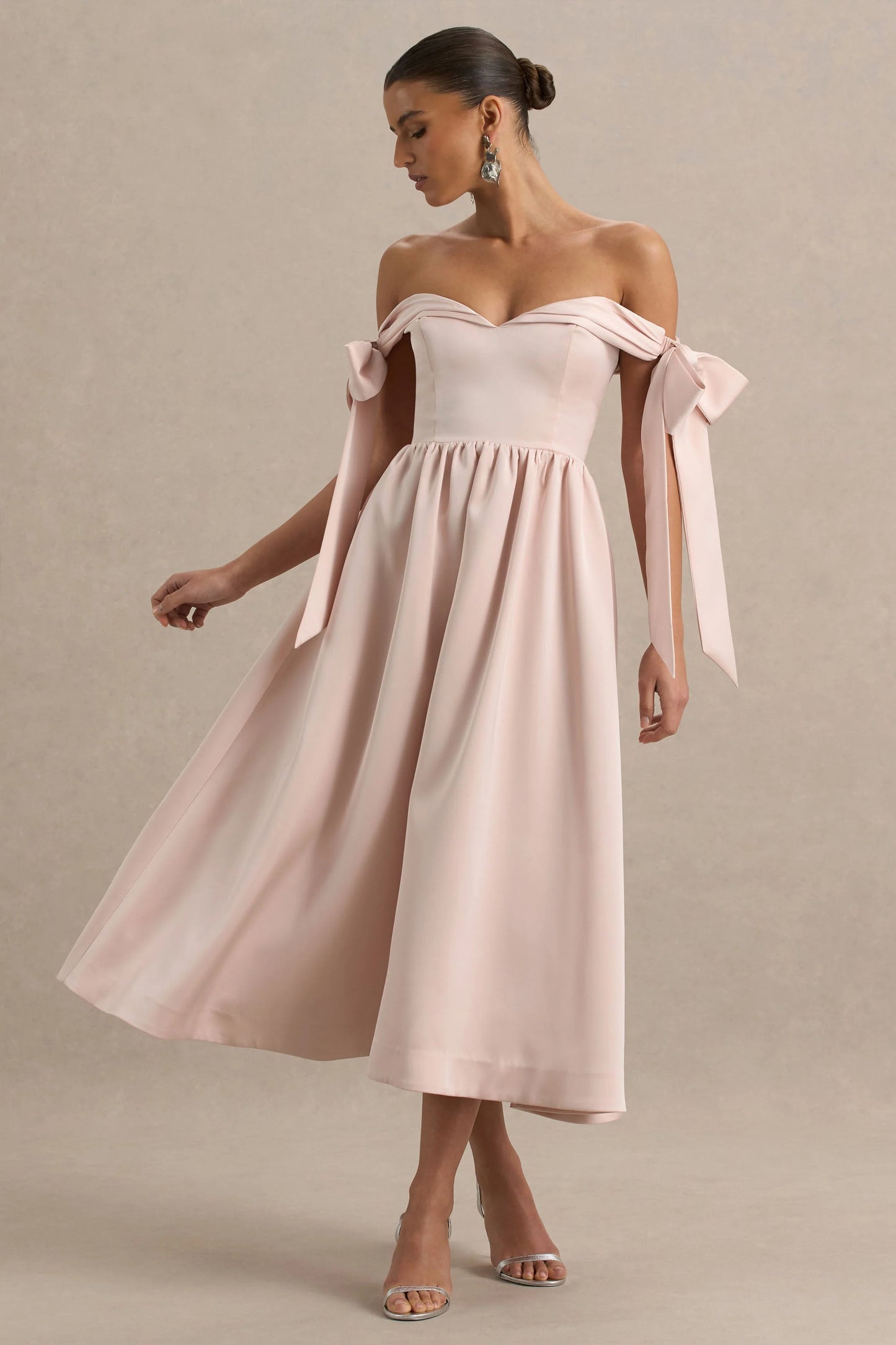 Agafay Rose Pink Satin Short-Sleeve Bardot Wrap Midi Dress With Bow Detail