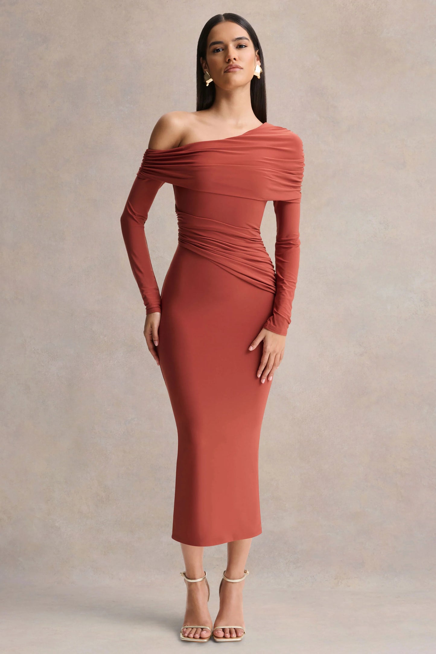 Elliora Rust Asymmetric-Neck Midi Dress