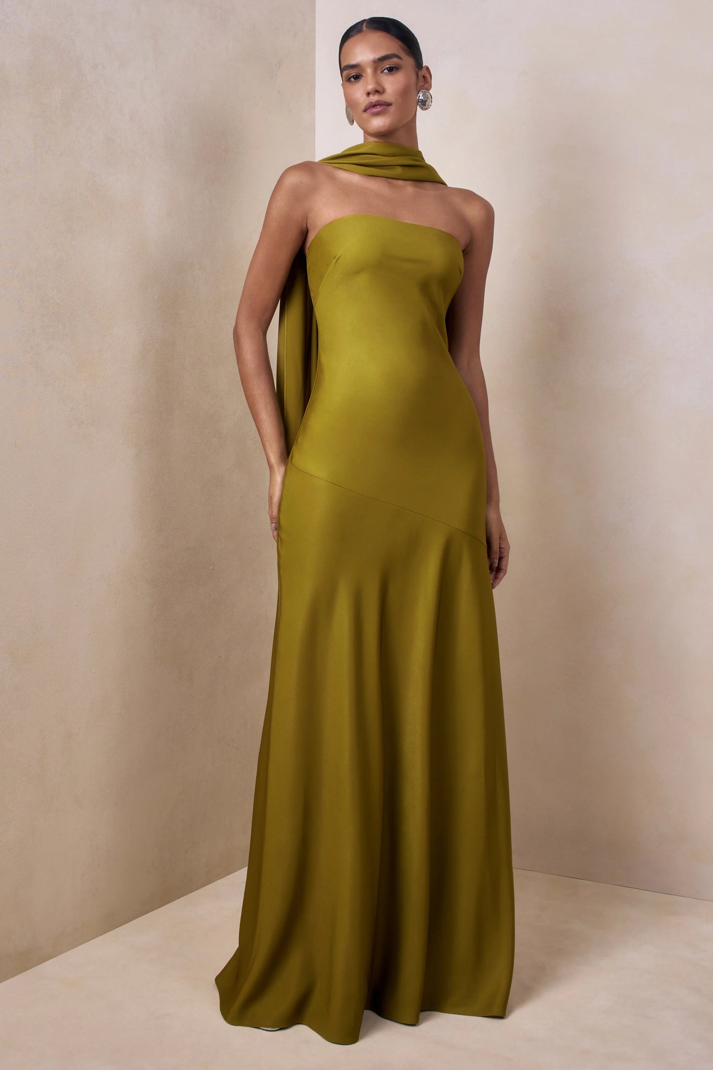 Charly Olive Matte Satin Bandeau Maxi Dress With Scarf-Detail
