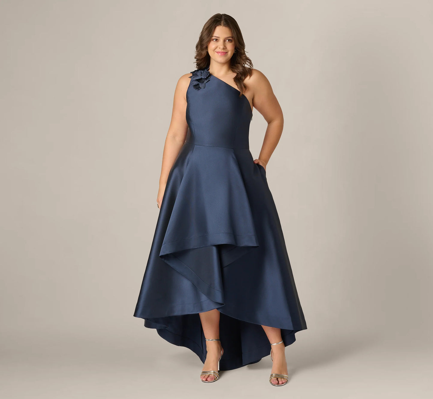 Plus Size One Shoulder Draped Mikado High Low Gown In Midnight