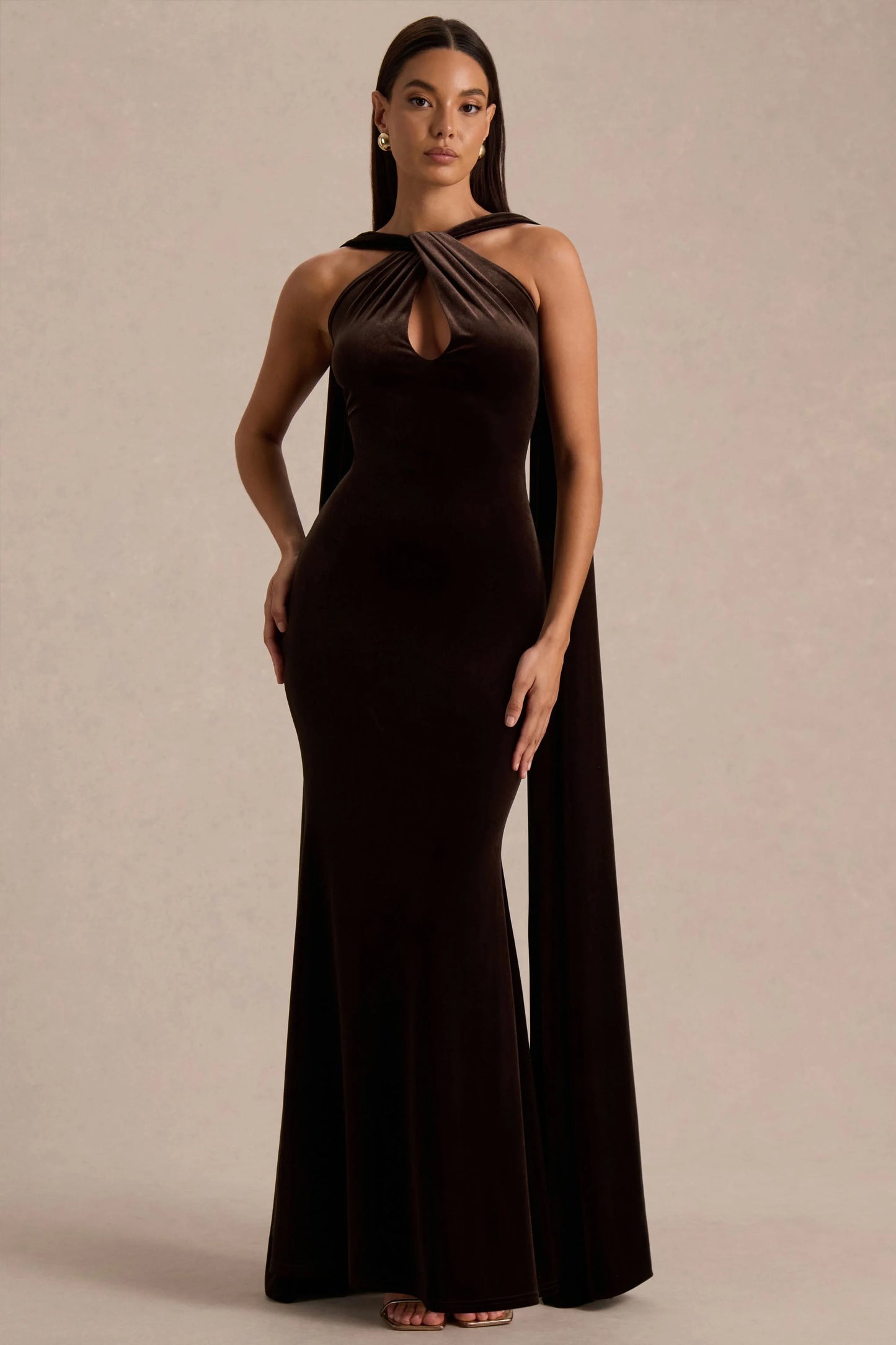 Layli Brown Velvet Halter-Neck Maxi Dress With Cape