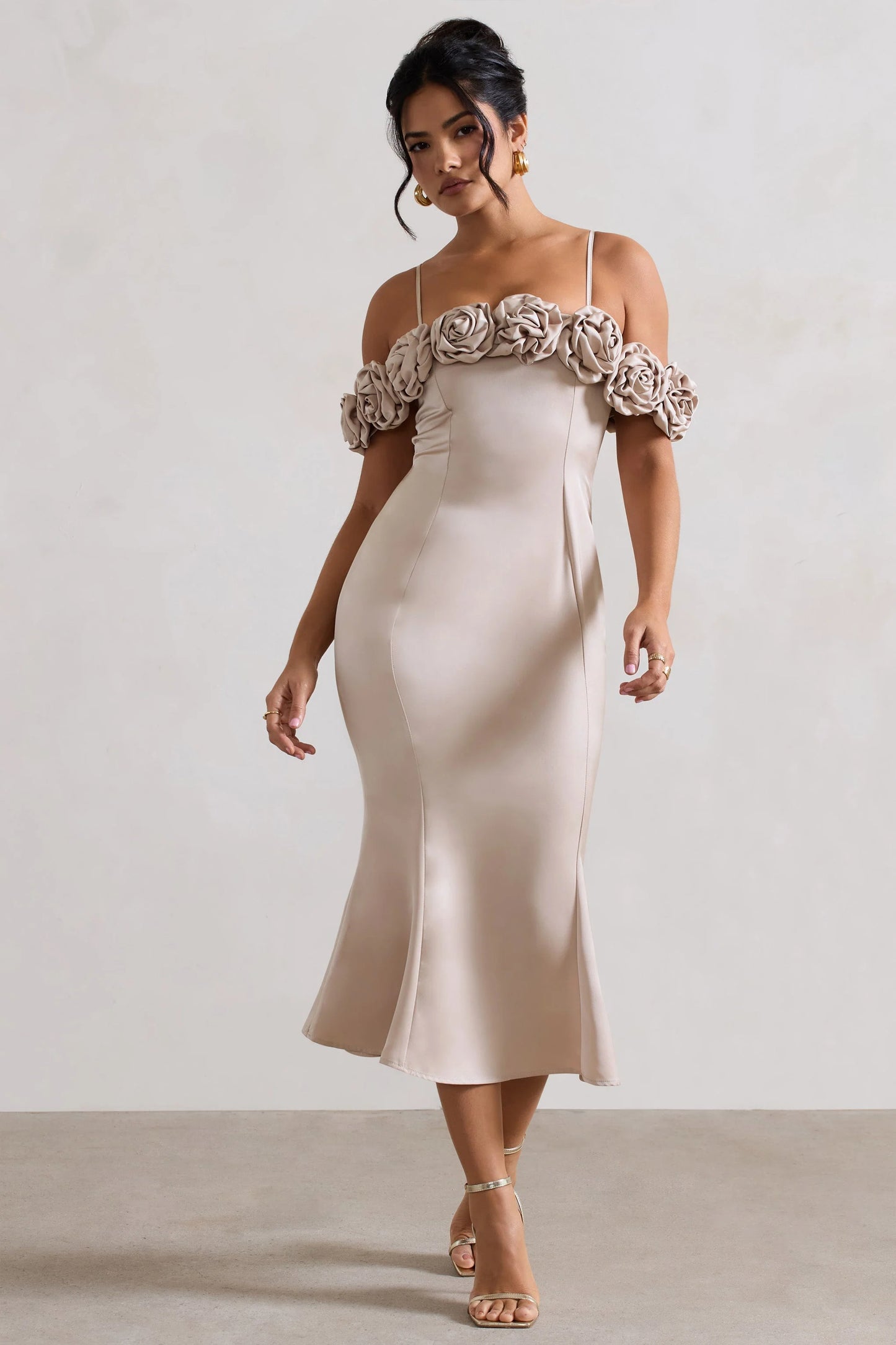 Petunia Champagne Satin Floral Bardot Midi Dress