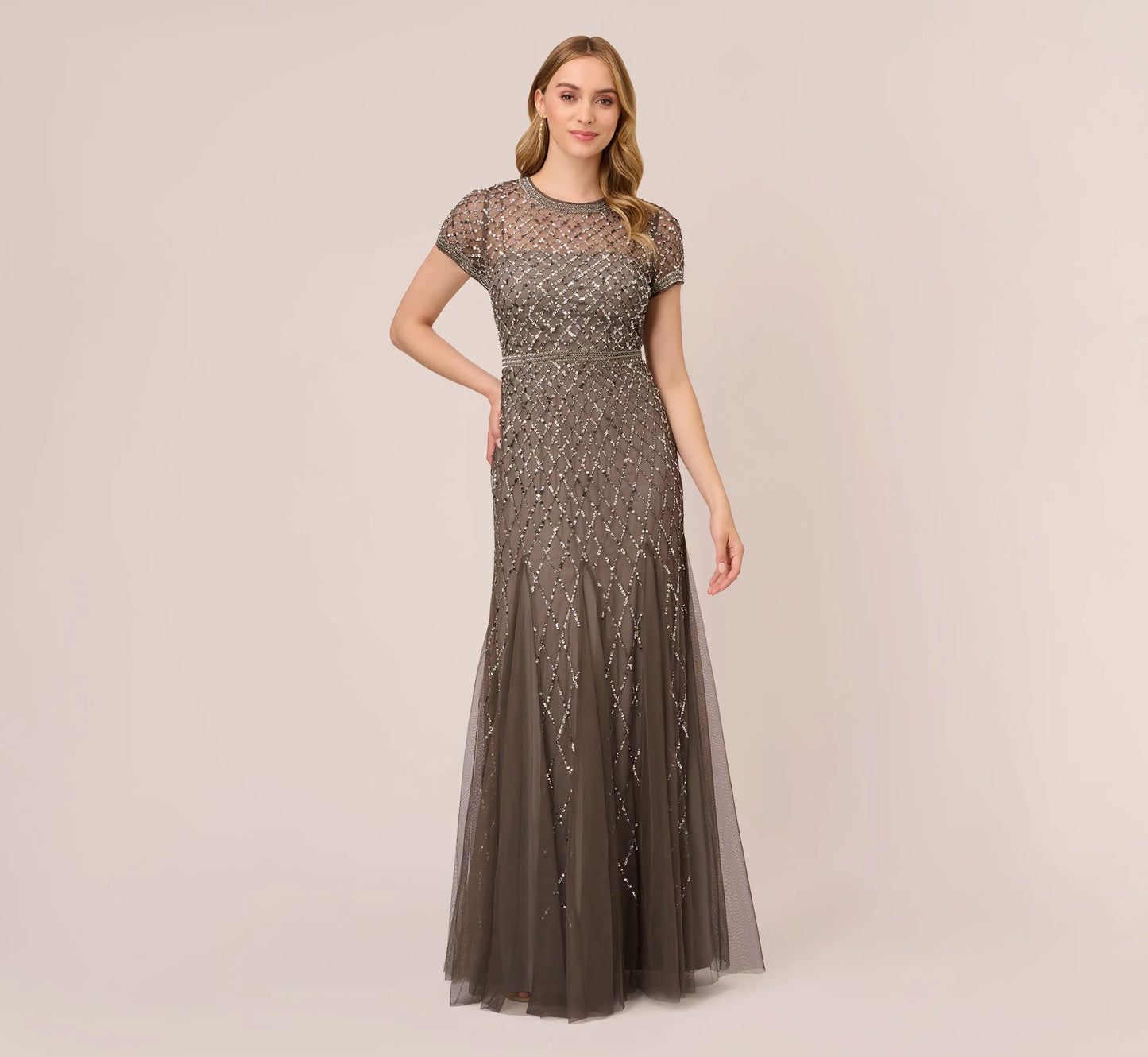Cap Sleeve Beaded Gown In Lead
