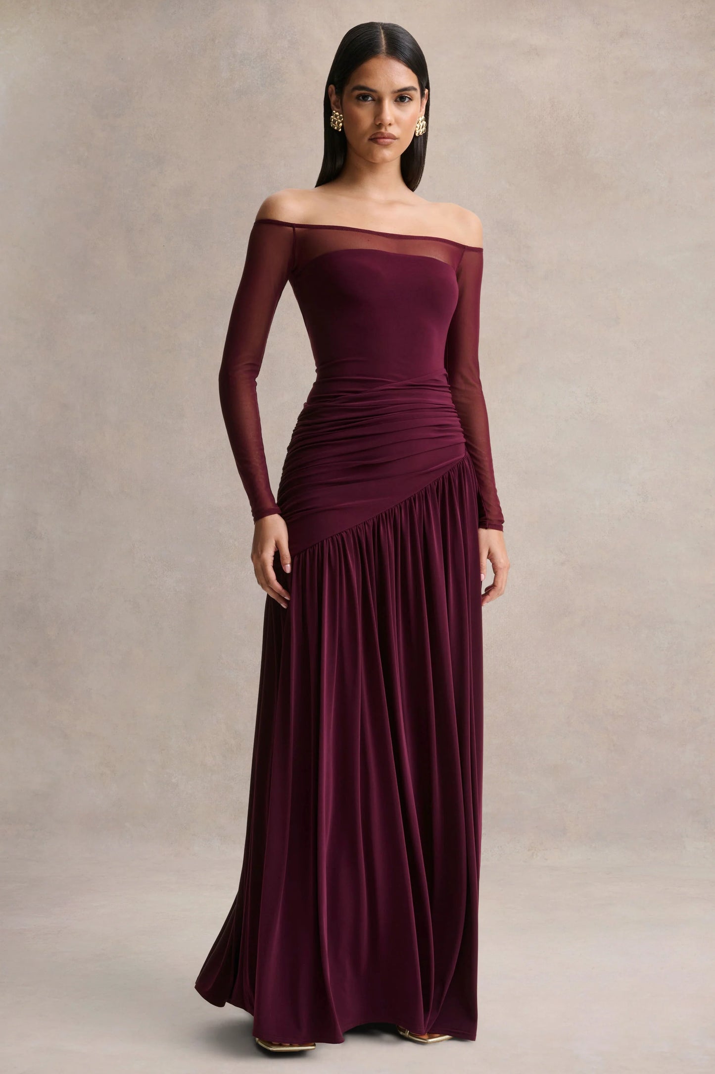 Luminary Dark Plum Bardot-Neck Maxi Dress With Mesh Sleeves