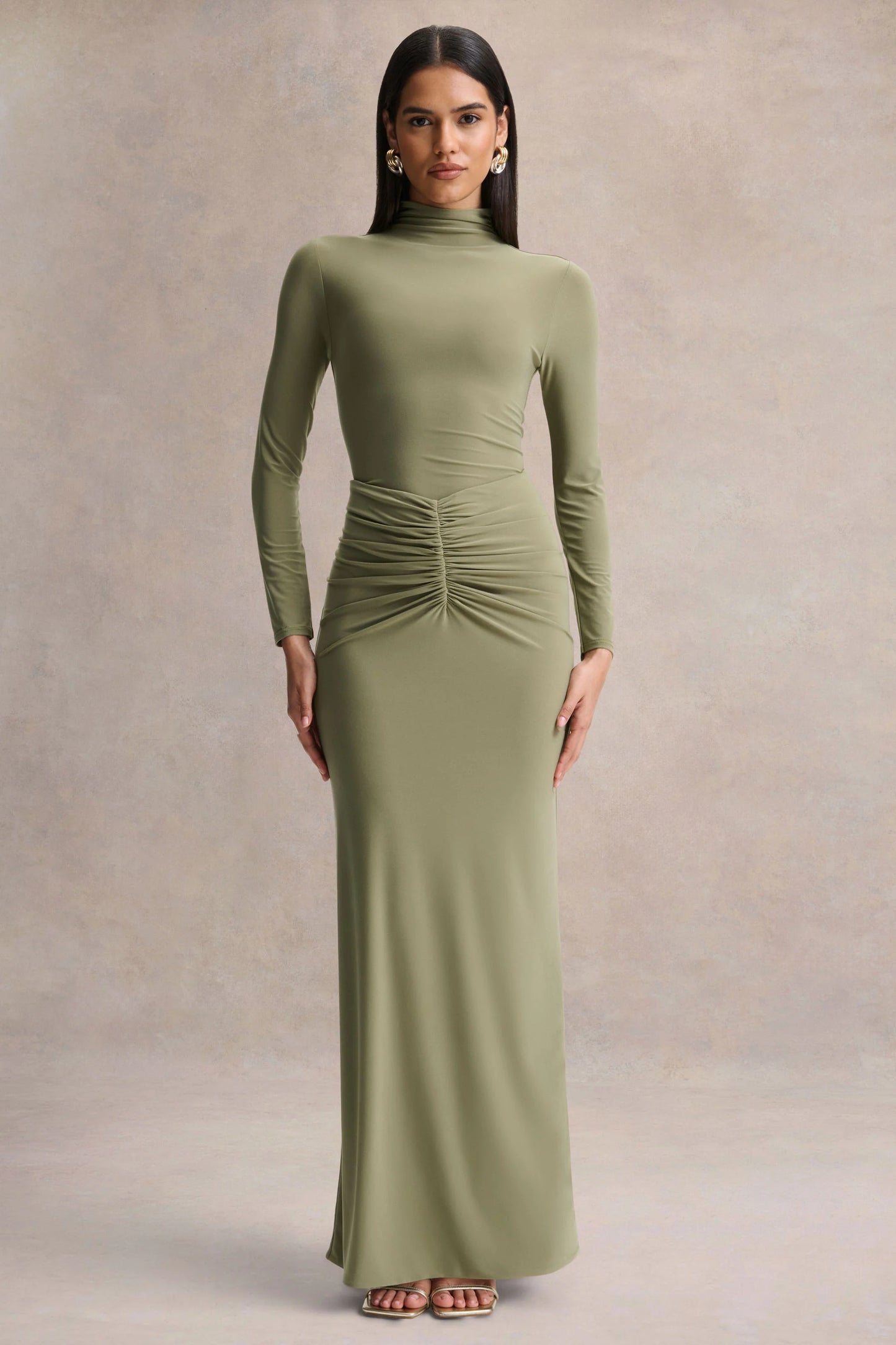 Persis Olive High-Neck Maxi Dress With Gathered Detailing