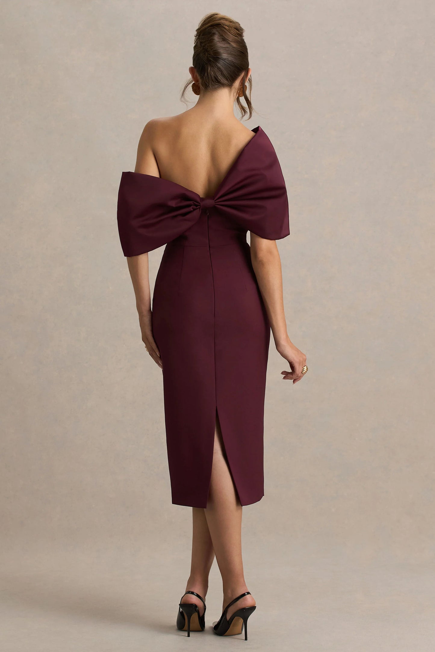 Lucille Burgundy Asymmetric Bardot Midi Dress With Bow Detail