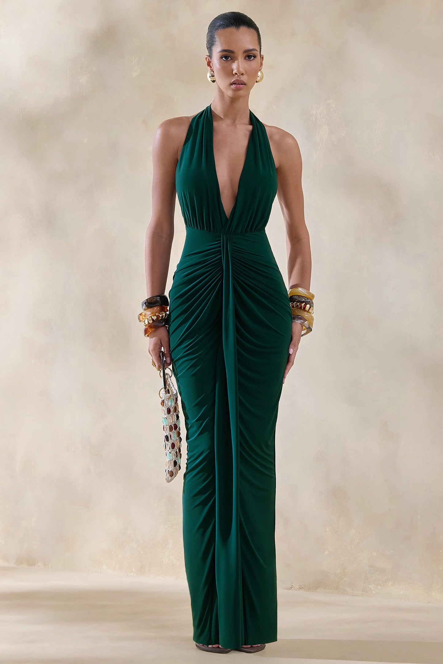 Lesley Bottle Green Plunge-Neck Maxi Dress