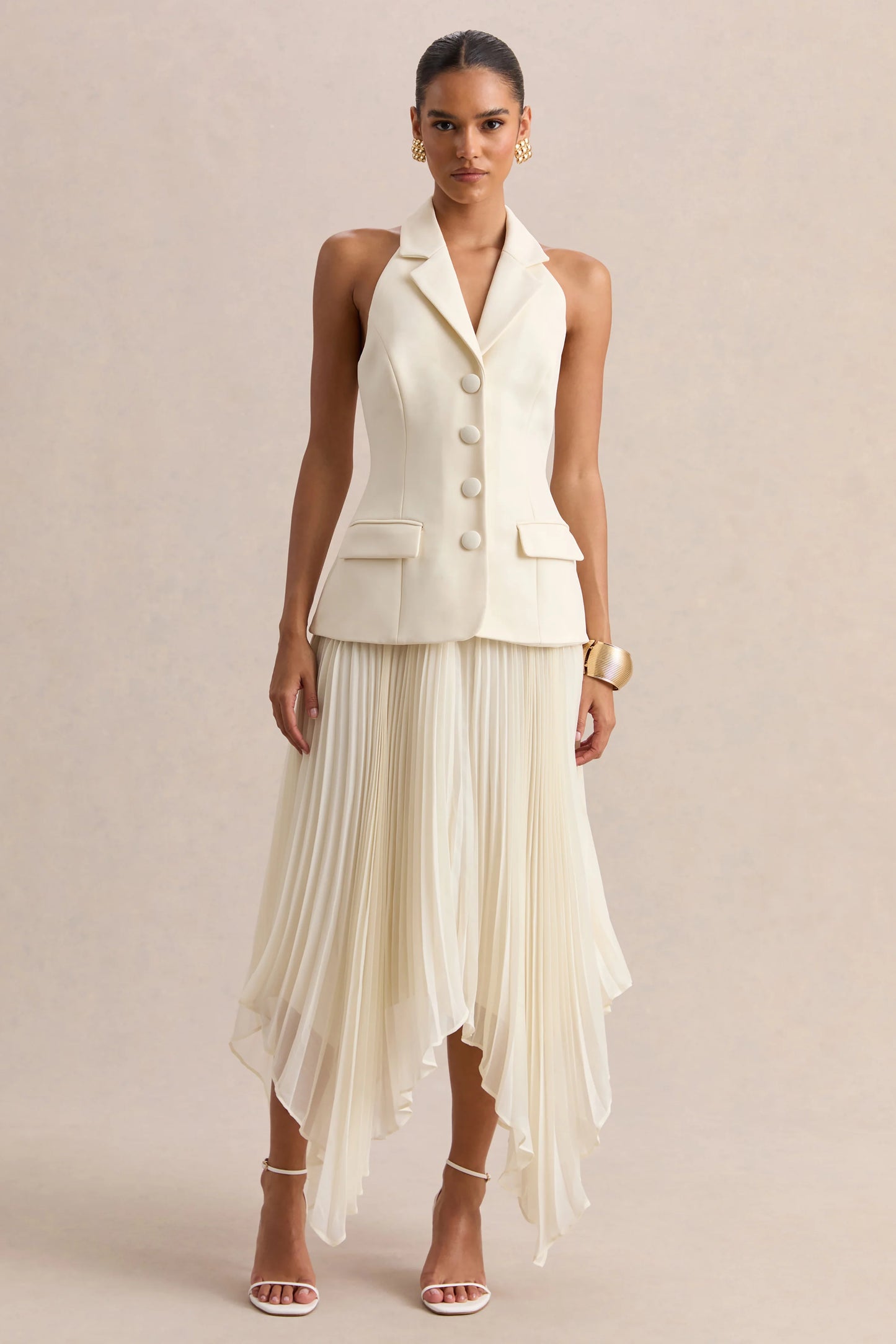 Marvelle Cream Plunge-Neck Maxi Dress With Hanky Hem
